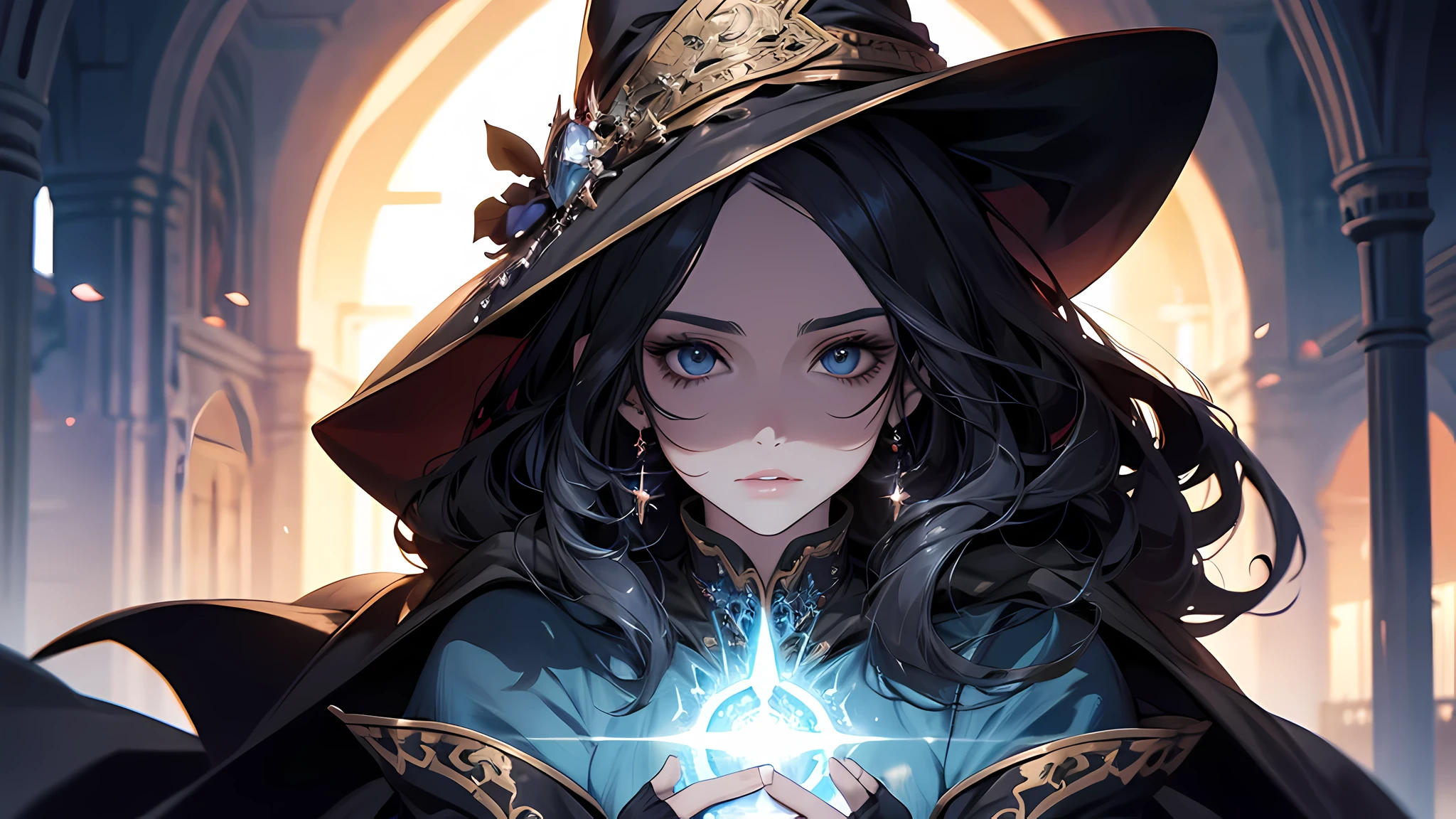 Witch in hat and cloak poses for photo, Fantasy Art Style, Stunning character art, fantasy concept art portrait, 4K fantasy art, portrait of a female mage, epic fantasy art style, epic fantasy art portrait, Fantasyart, Alexandra Fomina Artstation, 8k fantasy art, beautiful sorceress, epic exquisite character art, thick black hair, she sigh and tell that she already said this a few times that her magic crests are exceptionally high in density and complex, so the number of Hiera Glaphicos who can handle them is limited.