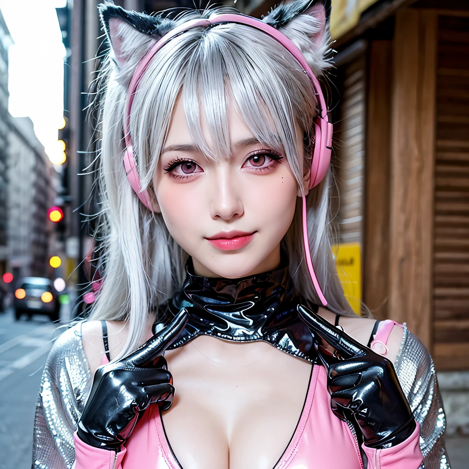 highest quality, ultra high resolution, (realistic:1.4),masterpiece,1 girl, nogizaka,(charming monkey:1.0),puffy eyes,(city of ruins),Alice \(nod\),(pink bodysuit),((Animal Ear Headphones)),(shiny clothes),twin tails,(Latex Bodysuit),(rubber suit),shoes,(cleavage),(thin),((gray hair)),(silver hair),(gray hair),((red pupil)),(looking at the viewer),(smile),(long hair),NSFW,Depth of bounds written,details face, shiny skin, nice detailed eyes, dark eye makeup, slim waist, blush, detailed eye makeup,perfect anatomy,(Pueros face_v1:0.55),((Pink colored contacts)),(Put a peace sign on both hands),V sign,do a peace sign,