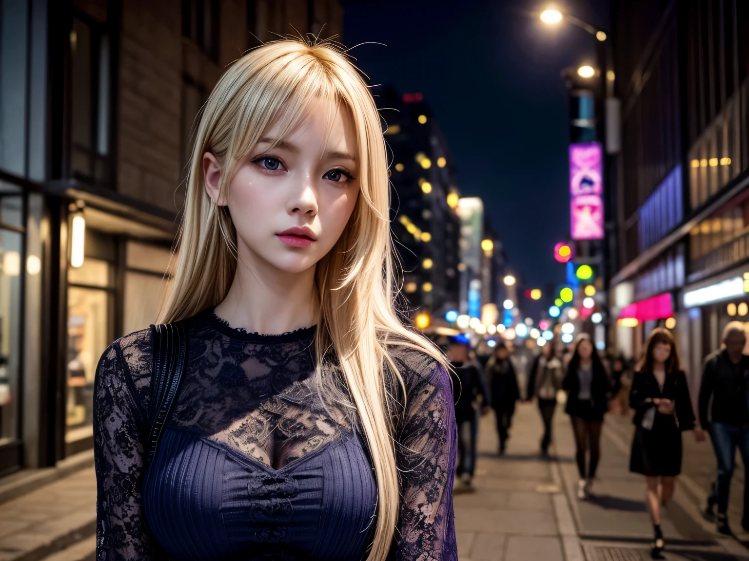 best quality, masterpiece, realistic photo, intricate details, raw photo, ultra detailed, modern young woman, with casual edgy style outfit, blonde hair with purple tips, perfect detailed and blue eyes, walking in city at night, HD quality, 8K, young woman, 30 years old, cinematic composition
