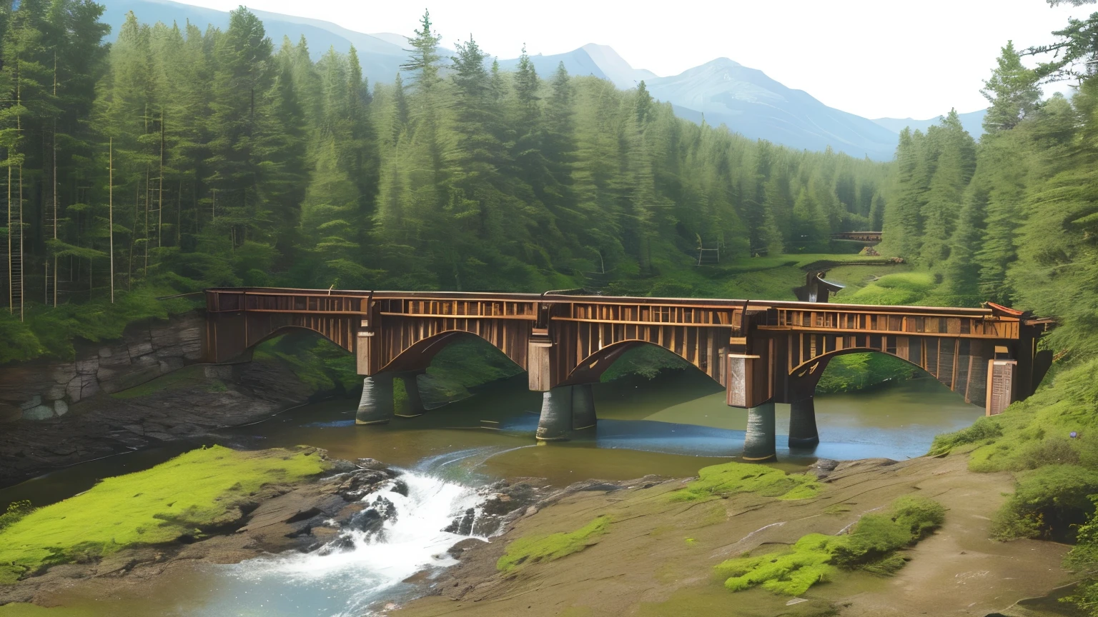 Wooden trestle bridges, similar in style, connect