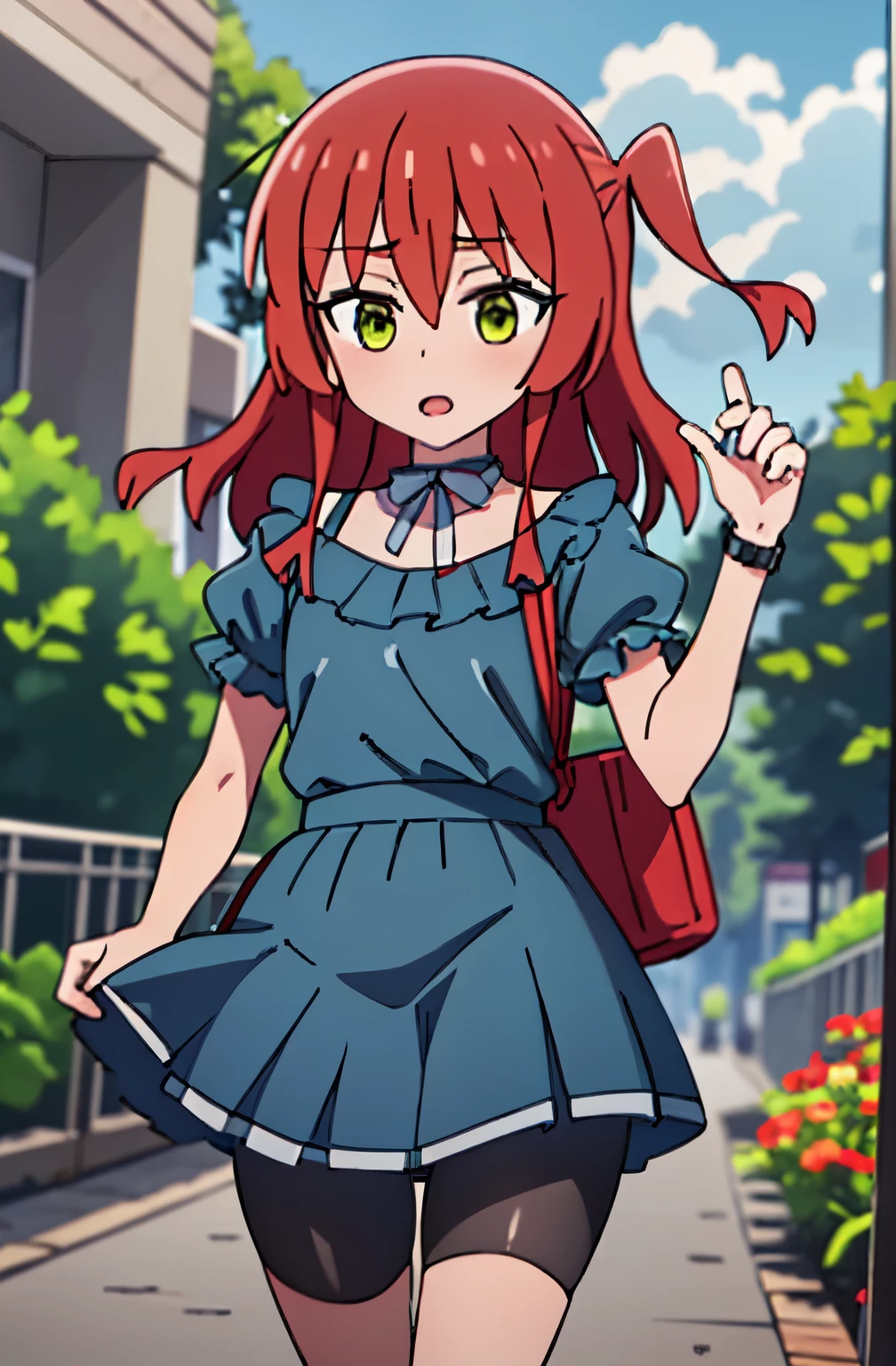 1 girl, ikuyo kita, bangs, red hair, long hair, one side up hair, green eyes, open eyes, blue dress, puffy sleeves, short sleeves, hdr, looking ahead, bike shorts, open mouth, standing, pov, flowers,