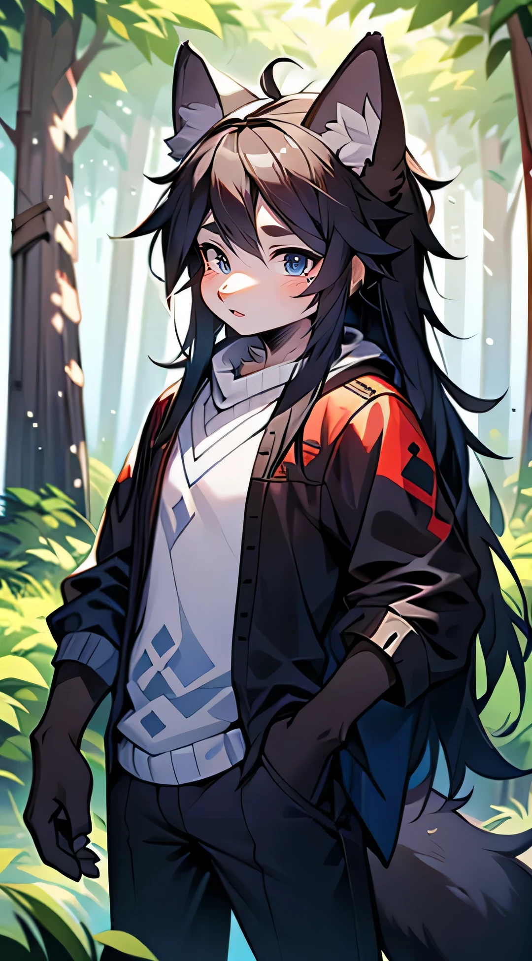 The male wolf is 180 cm tall,bluish violet eyes, , long black hair, end, The upper body shows off the perfect body,red and black costume,with smile,Two small ears,Stand with fair skin ,in the woods