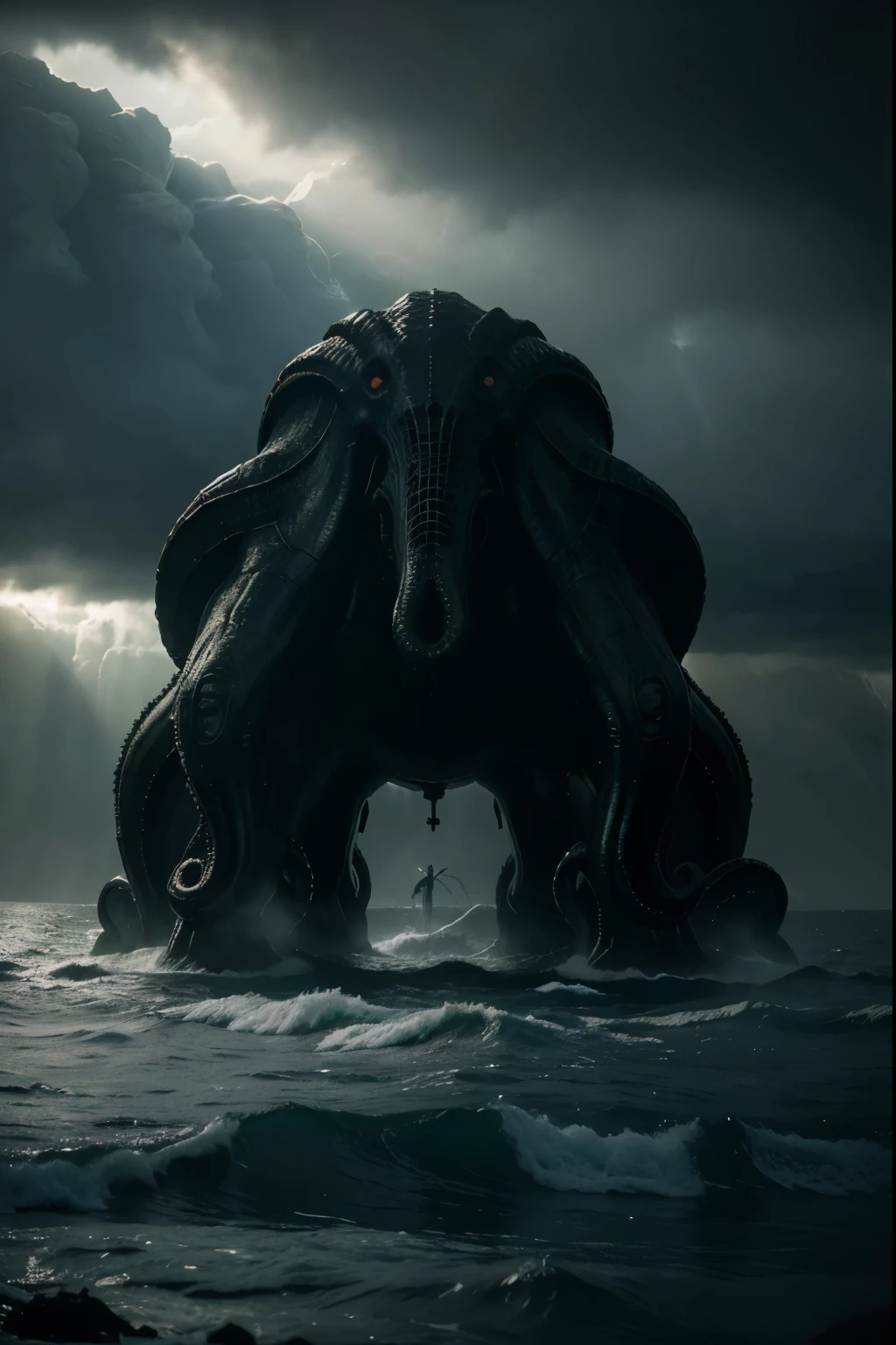 Cinematic, photo of Huge Cthulhu, emerging from the sea, dramatic lighting, gothic landscape, light and shadow, swirling mist, god rays, (shafts of light), menacing clouds, sea spray, swirling fog, monstrous, HP LOVECRAFT, Horror,