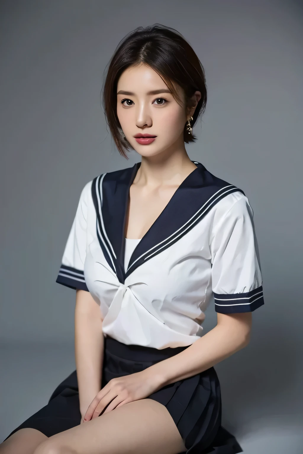 (highest quality,8K,masterpiece),studio photography,
Very beautiful Japan models,fine skin,realistic skin, lip gloss,rouge,
very short hair,pixie cut,
School_uniform, big earrings,costume,sailor suit,sailor uniform,
big breasts,thighs,
skirt, white shirt, big breasts,emphasize cleavage,
gray background