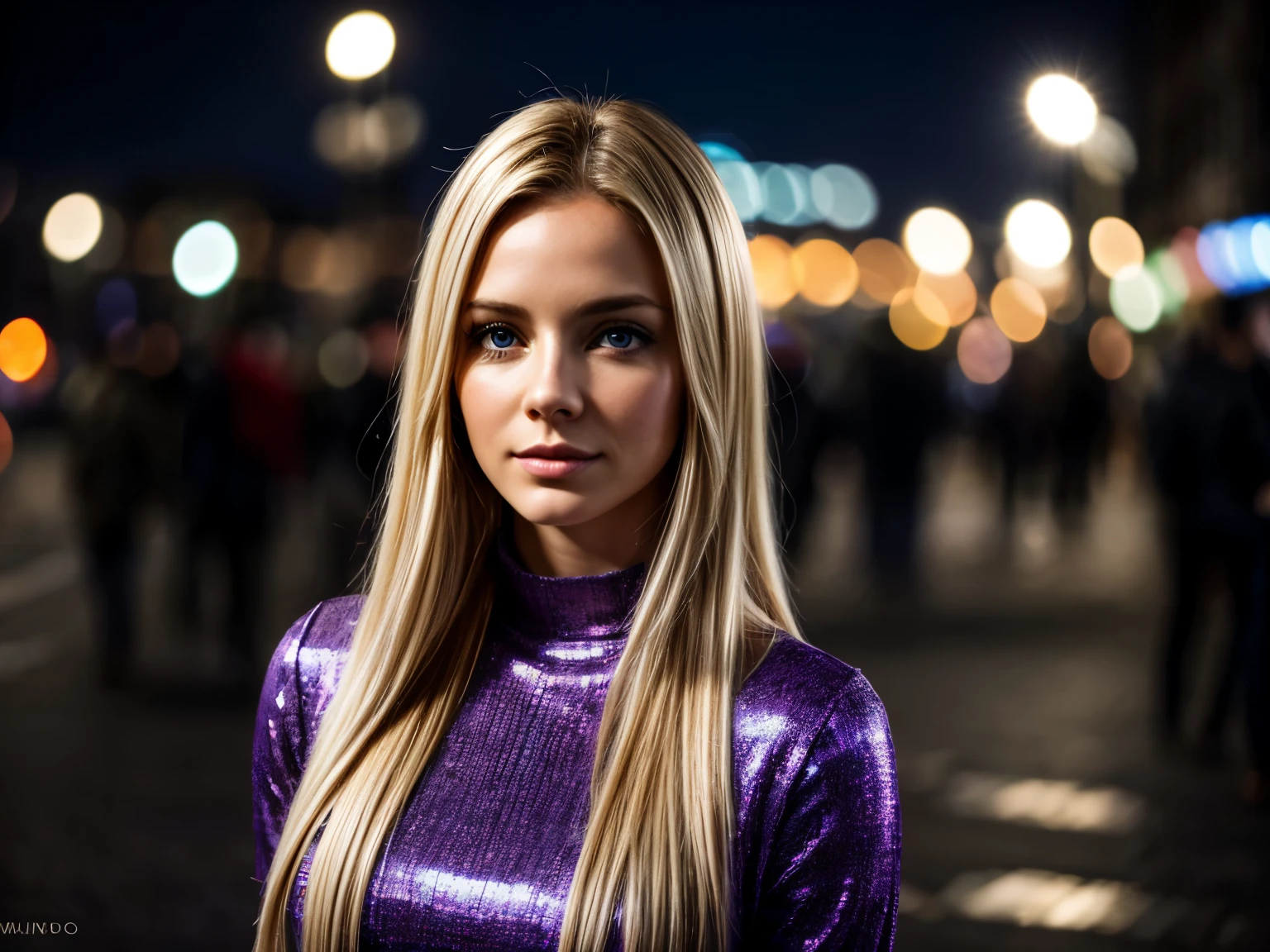 best quality, masterpiece, realistic photo, intricate details, raw photo, ultra detailed, modern young woman, with casual trendy outfit, blonde hair with purple tips, perfect detailed and blue eyes, enjoying city at night, HD quality, 8K, young woman, 30 years old, cinematic composition, 50mm lens, anamorphic lens, lens flare