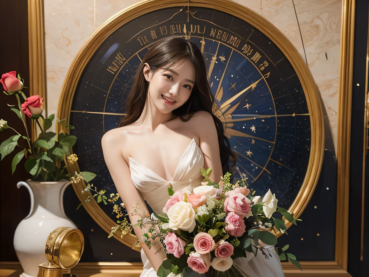 full body portrait or statue、geometry、Stained glass、12 constellations、Vigée Leblanc style、math、astronomical machine、astronaut、roses in vase、fruit、Cute trinkets、smile、ancient greek costume、Sandro Botticelli paintings、Costume that stretches your shoulders、A big smile、expression of ecstasy、sexy、beautiful bare skin、Detailed representation of the seducing woman throughout the body