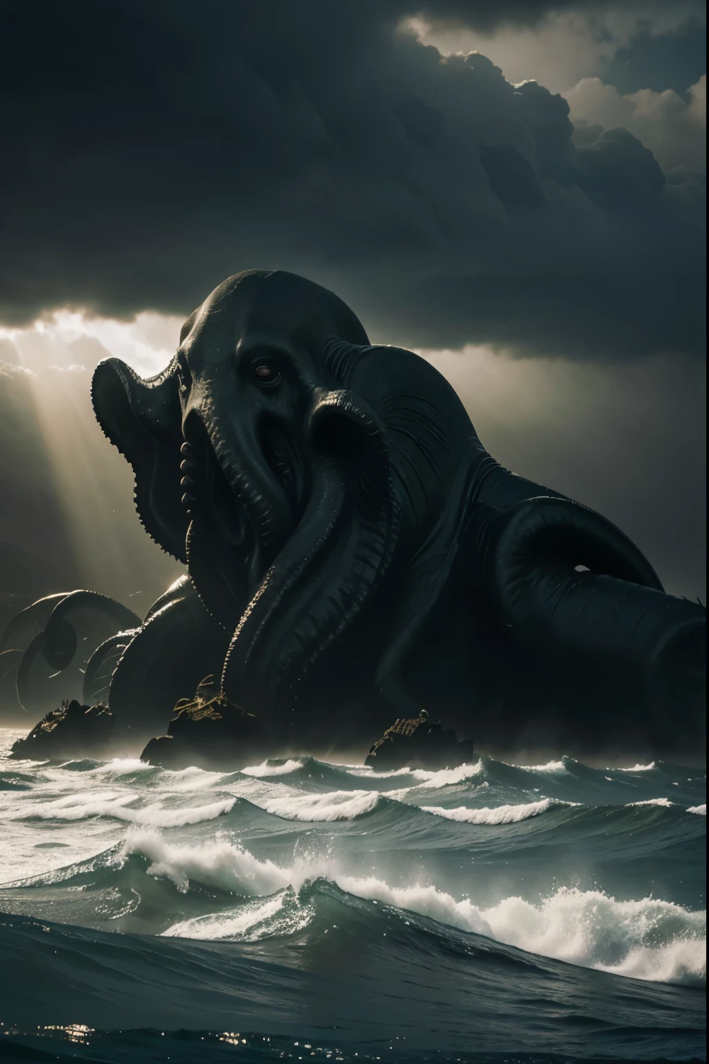 Cinematic, photo of Huge Cthulhu, emerging from the sea, gothic landscape, swirling mist, god rays, sea spray, swirling fog,