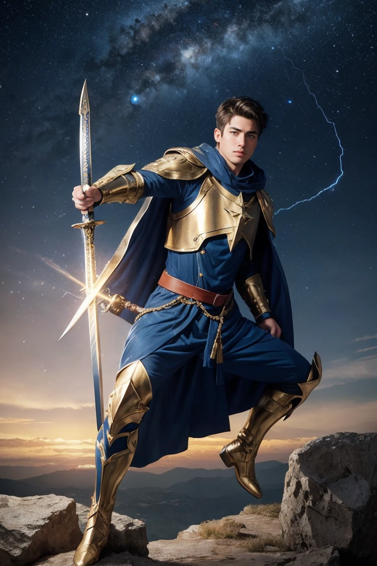 highest quality, masterpiece, realistic, High resolution, 8K RAW photo, 1boy、male,has a decorated sword、Swing your sword up、(Blue bodysuit with lightning motif、gold edge、cloak)、Gold Pendant、(((action pose)))、(On a rock on a planet where the solar system can be seen)、(A lot of lightning in the starry sky:1.2)