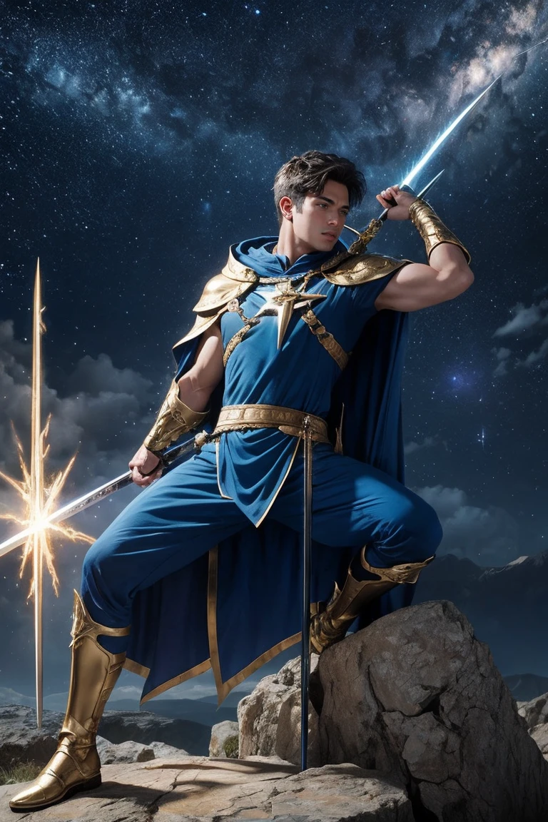 highest quality, masterpiece, realistic, High resolution, 8K RAW photo, 1boy、male,has a decorated sword、Swing your sword up、(Blue bodysuit with lightning motif、gold edge、cloak)、Gold Pendant、(((action pose)))、(On a rock on a planet where the solar system can be seen)、(A lot of lightning in the starry sky:１.2）