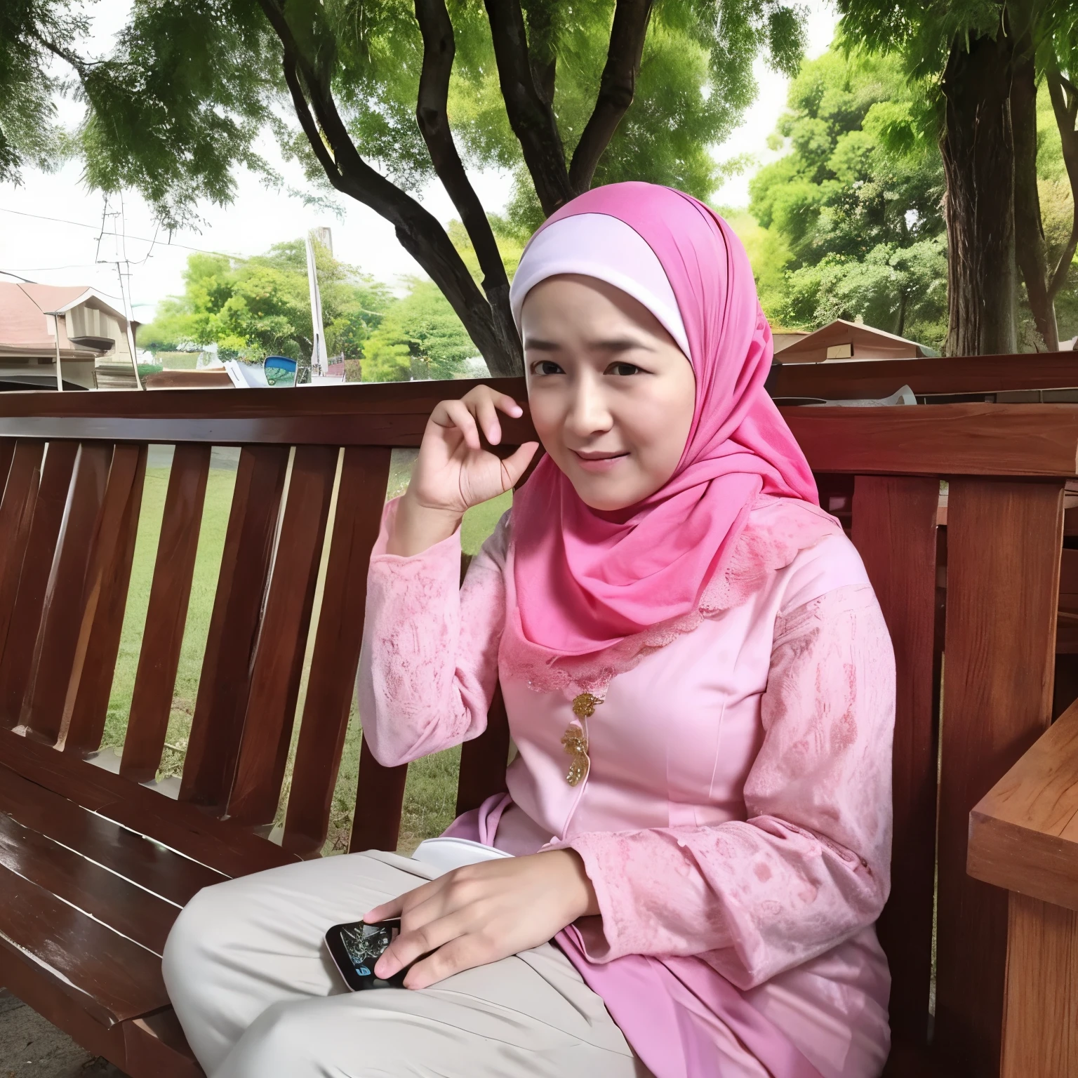 perempuan berhijab pink sedang duduk di kursi memakai rok panjang dan dadanya besar