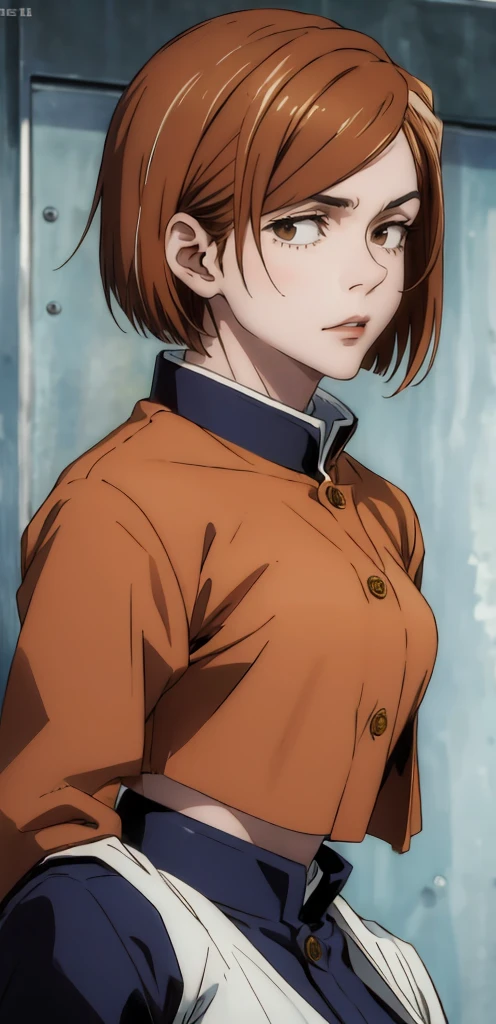 (masterpiece:1.4),(best quality:1.4) 1girl,nobara_jjk,brown hair,short hair, brown eyes,fully , sitting, full body