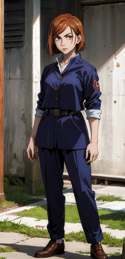 (masterpiece:1.4),(best quality:1.4) 1girl,nobara_jjk,brown hair,short hair, brown eyes,fully jujutsu school uniform, standing, full body