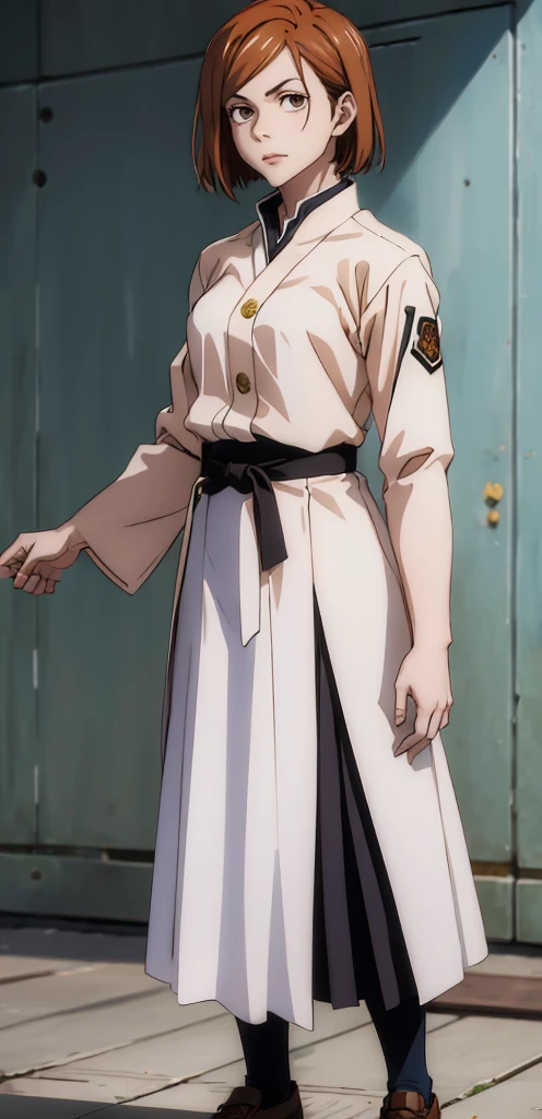 (masterpiece:1.4),(best quality:1.4) 1girl,nobara_jjk,brown hair,short hair, brown eyes,fully jujutsu school uniform, standing, full body