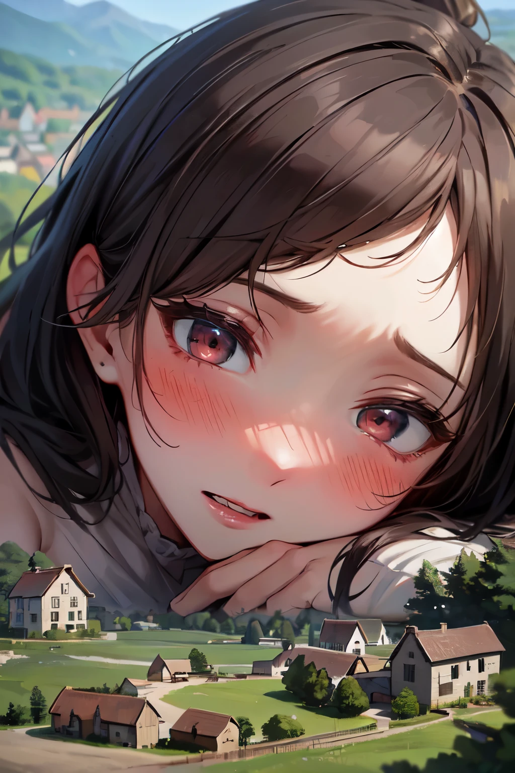 (giantess in front of a tiny village: 1.2), (giantess looking down at a tiny village: 1.2), (breasts and face closeup: 1.1), (tiny village:1.4), hills, cliffs, mountains, (depth of field: 1.4), (long depth of view: 1.4), (naked:1.4)