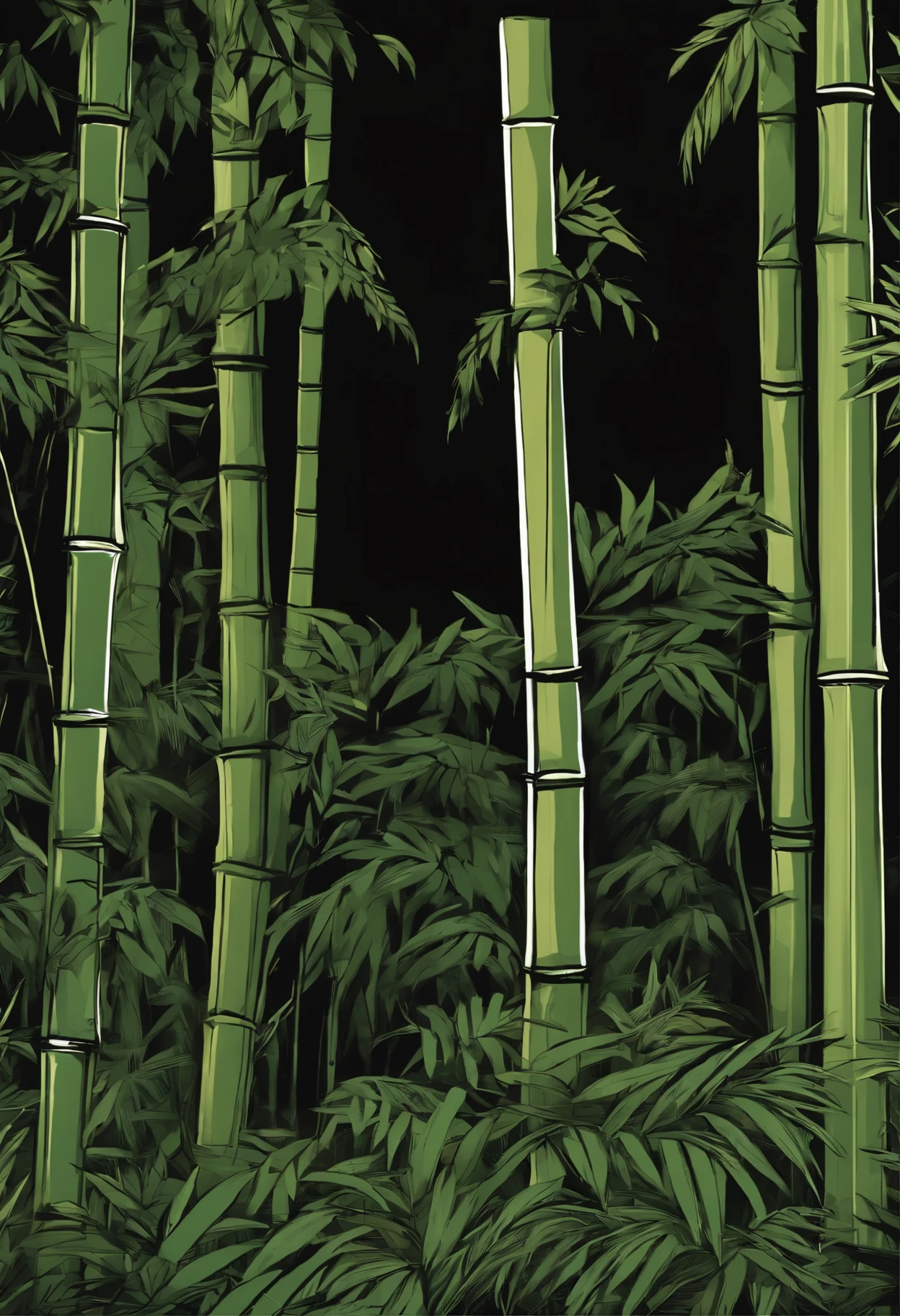 /imagine prompt: bamboo forest illustration for a sticker with a black background, in bold outline style, jagged edges, trashcore, light shading --v 5.2