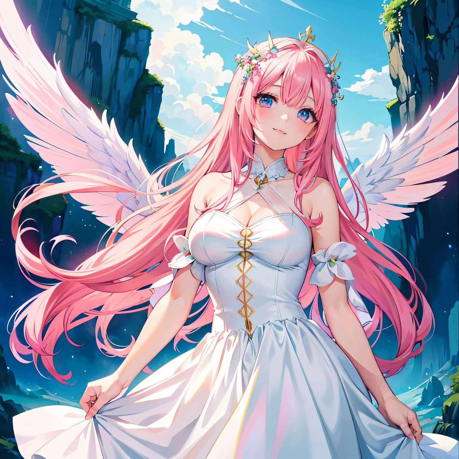 Close-up of a woman in a white dress with pink hair, beautiful fantasy anime, fantasy style anime, anime goddess, anime fantasy artwork, beautiful angel女の子の, anime style 4k, beautiful angel, fantastic anime, anime fantasy illustration, beautiful anime girl, anime wallpaper 4k, anime wallpaper 4k, smile like a fairy queen