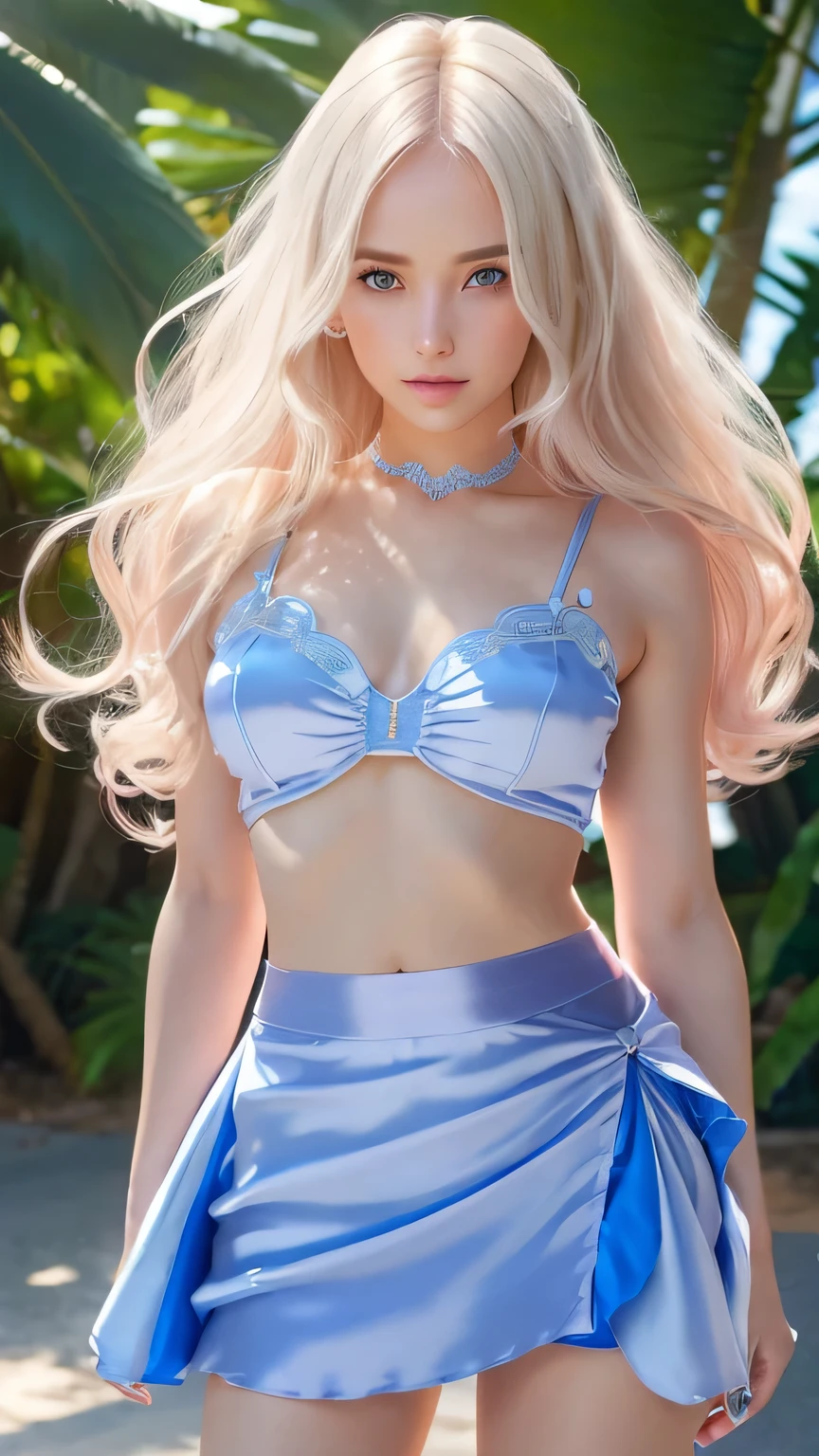 Shiny transparent white glossy skin, Wind hair gets in the way of a pretty face, 25 years old, cute sexy little handsome face, pink lips,( hair parted to one side:1.5), talllight, light blue eyes, Sexy face, sexy cute young lady,long natural blonde shiny hair, The sea shining in the morning sun,choker, ( silky blue sexy tops:1.3), (silky blue Tight skirt :1.3), Tropical islands, Palm trees, Blonde Glossy Light Hair, natural wave hair,, (Intricate details: 1.2), almond eyes, (Detailed eyes), (A detailed face), beautiful Smile, flushed cheeks, Medium chest, slender body shape, tight waist, small ass, thin and long legs, the visible part of someone's thighs between their skirt, beautiful hands, thin shoulders, Look at viewers,Wind blowing skirts, dynamicposes
