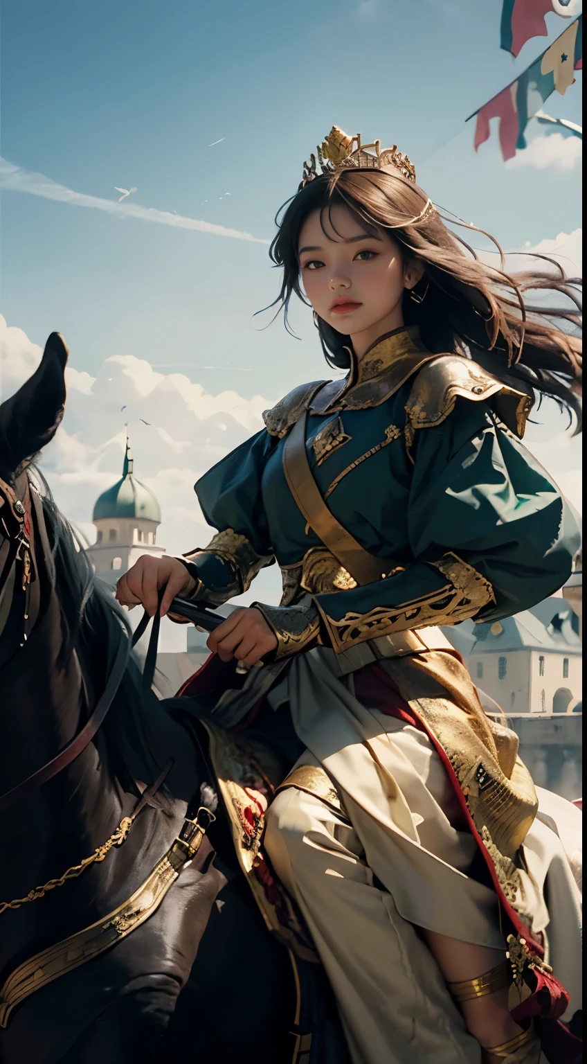 Highest quality, outstanding details, ultra-high resolution, (fidelity: 1.4), the best illustration, favor details, highly condensed 1girl, with a delicate and beautiful face, dressed in a royal princess dress, wearing a golden crown, holding a schimitar, riding on a Horse, the background is a war scene of the medieval age.