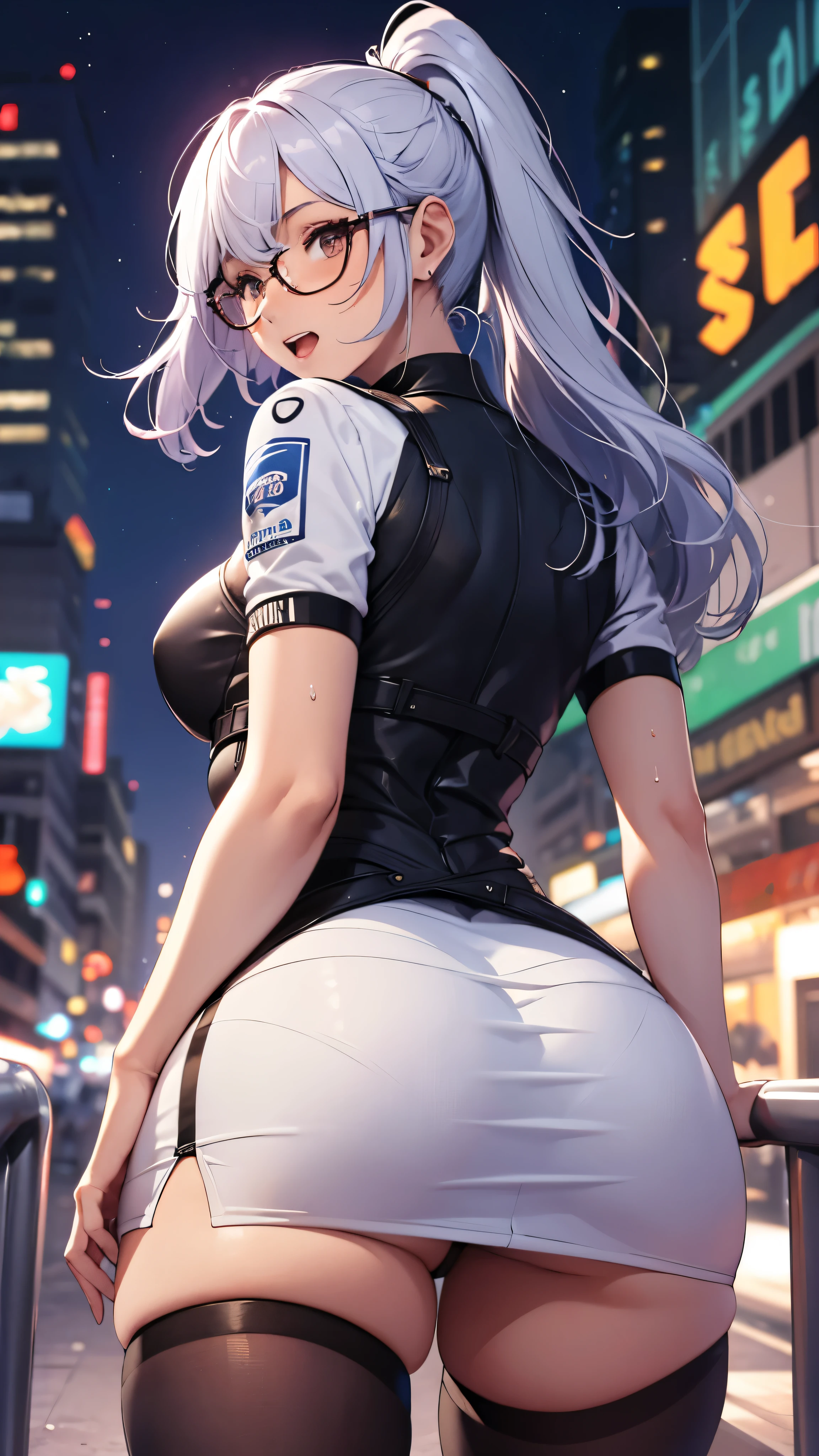 woman,25 years old,,city,night,(((white and blue tight miniskirt bodysuit))),,open mouth smile(())(Glasses),((Beautiful long ponytail)),(()),blush、surprised face,((())),((look back))wet with sweat