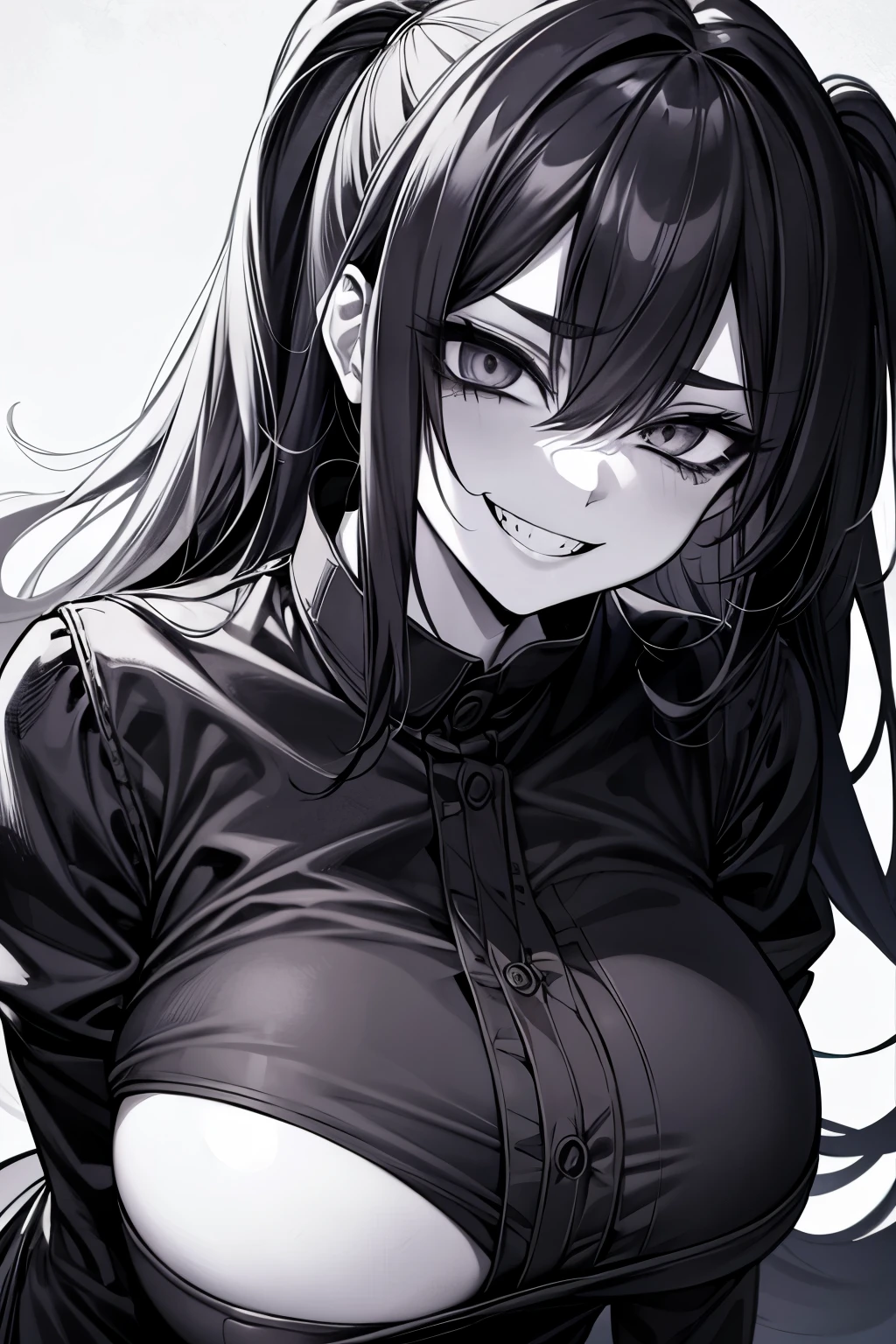 best quality, monochrome ink style drawing, manga girl, crazy smile, scary smile, evil smile, evil smile, uneasy smile, teasing smile, grin, lewd smile, malicious smile, creepy smile, big black eyes, huge black mouth, moody bad, stinking eyes, jitome, gap moe, yandere, dark, horror, horror manga, horror smile, professional lighting