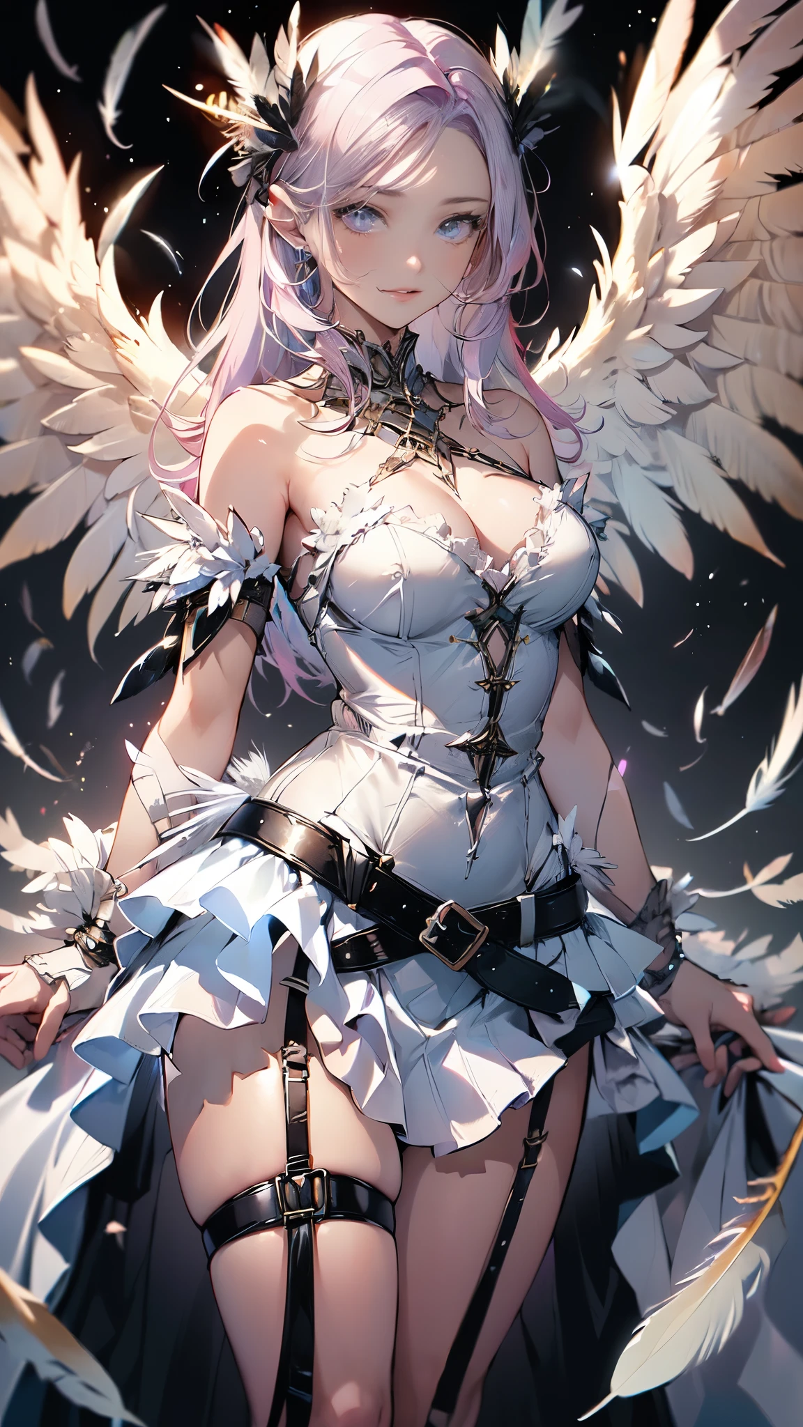 Raw photo,masterpiece,best quality,ultra-detailed,high resolution,extremely detailed CG,unity 8k wallpaper,official art,production art,novel illustration,caustics,textile shading,super detailed skin,perfect anatomy,detailed,cinematic lighting,dynamic lighting,beautiful detailed eyes,(shiny skin),(Angel Gabrielle), (large angel wings), pink hair, long hair, blue eyes, medium breasts, wide hips, narrow waist, (off-white bustier:1.2), open chested dress, sleeveless, (dress with lots of belts:1.5), white tucked garter belt, (celestial inspired background:1.3), blurred background,(feather effect:1.5),punk style,(long back skirt:1.5),(layered skirt),smile