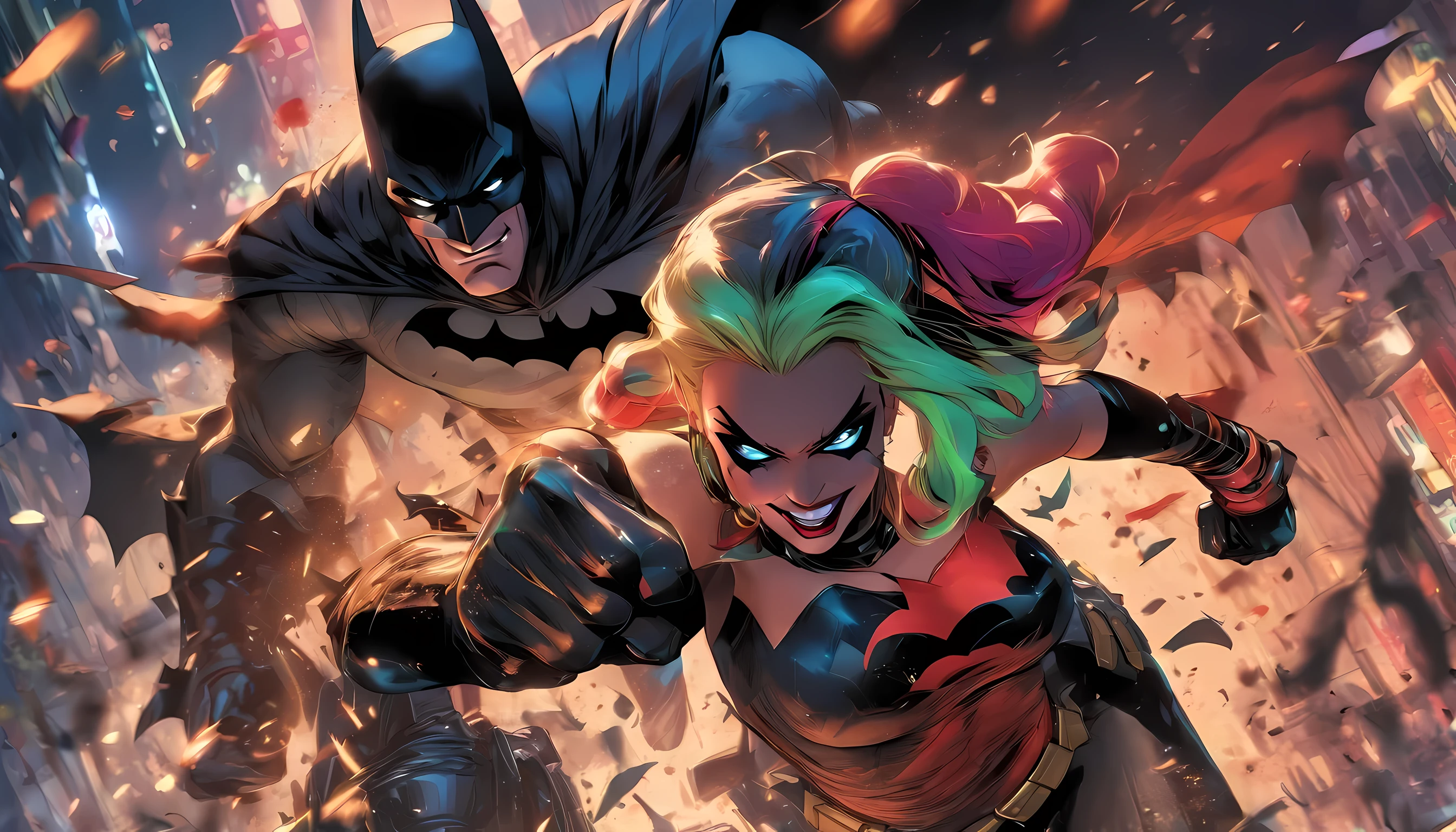 batman and harley quinn beating each other, anger expression, crossed fist, cross punch, fighting, battle Pose, best quality, ultra quality, absurd details, best light, best shadow, sharp, sharp picture, detailed face, detailed eyes, detailed hair, detailed, extremely detailed, great resolution, 8k, 4k, uhd, ray tracing, beautiful effects, image of (full body)