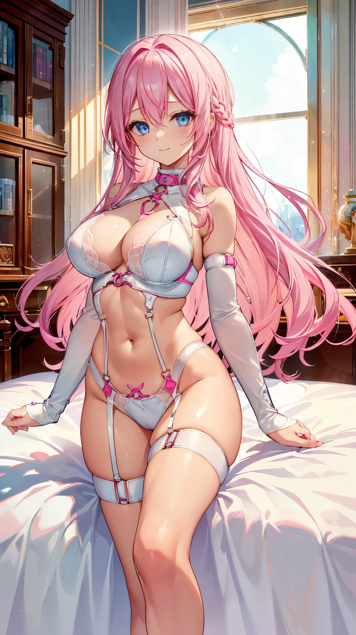 big breasts、pink hair、pink long hair、(8K, 4K, highest quality, High resolution: 1.2)、cute anime face、noise removal、shining blue eyes、gentle smile、abs、arm muscles、Leg muscles、in the bedroom、white leather belt lingerie、thigh belt、arm belt