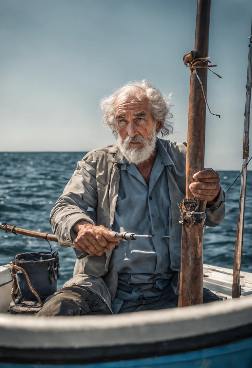 An old man, sunburned and gray-haired, on a fishing boat. He holds a harpoon and aims at his prey. Summer sun, clear sky, blue sea, solitude, the best picture quality.