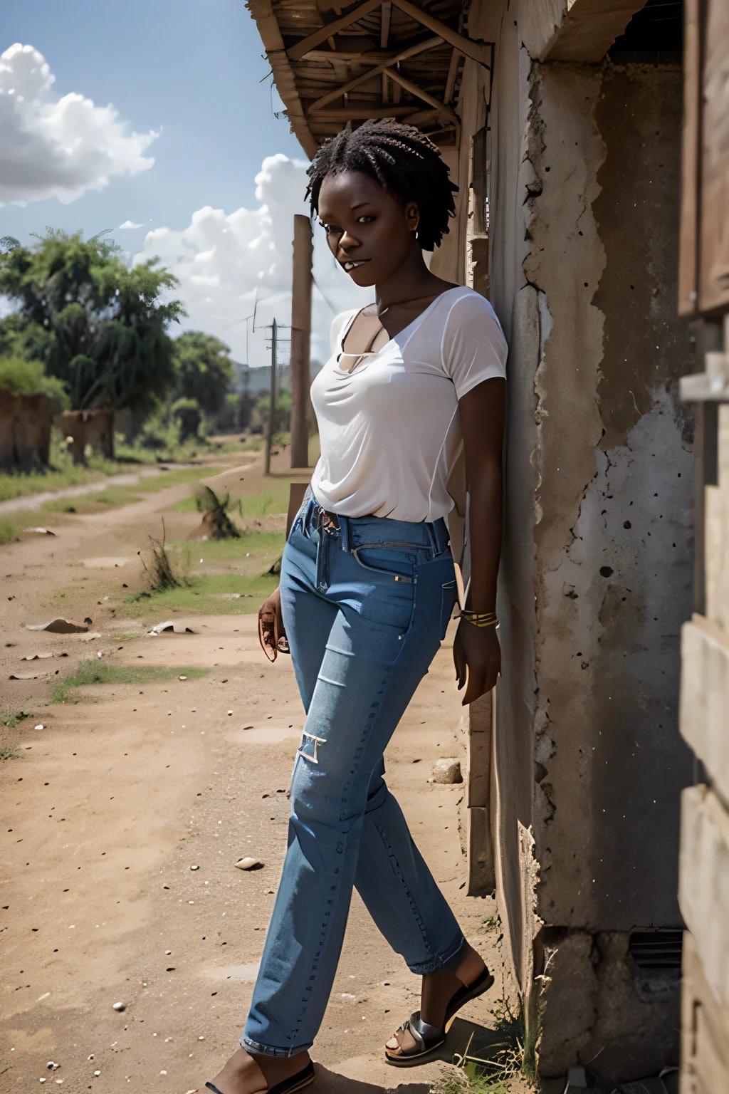 Femme africaine, regarde le spectateur, cheveux longs, chemise, jeans, Nuage, jour, Ciel,En plein air, post-apocalypse, Ruines, paysage, arbre, Eau,