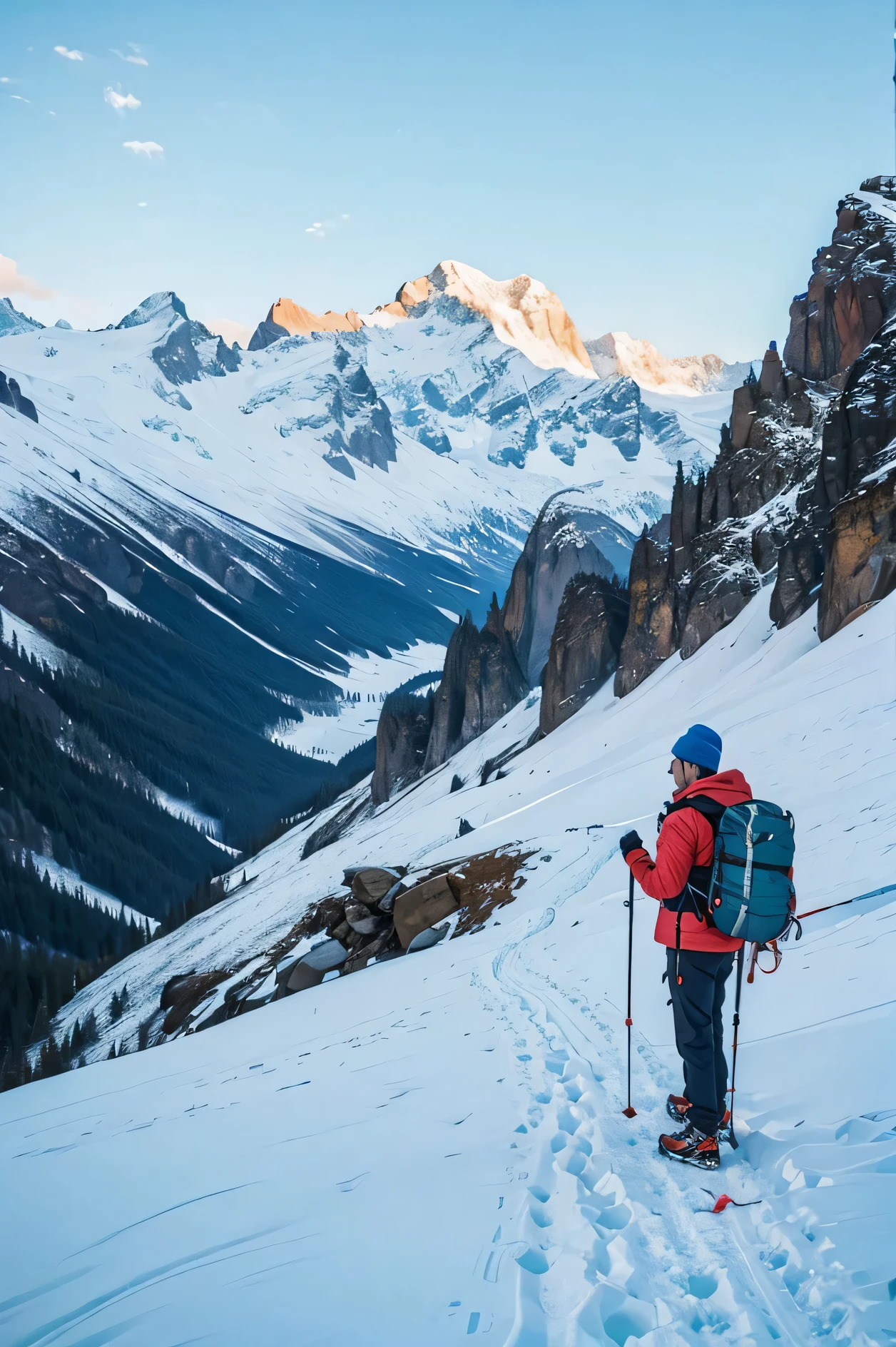 young man wearing jacket,Holding trekking poles in hand,in mountaineering