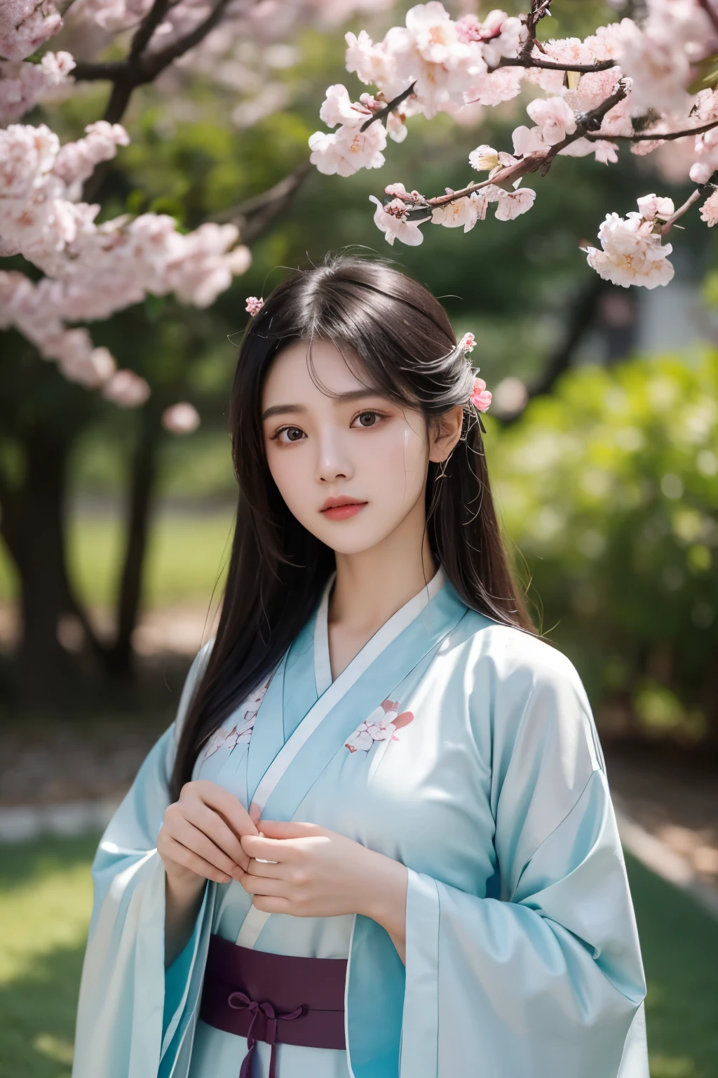 A 20-year-old Chinese girl，Gorgeous Hanfu，garden background，black hair，Beautiful facial lighting，a ray of light，Suitable chest，Plum blossom background，Look at the lens head-on