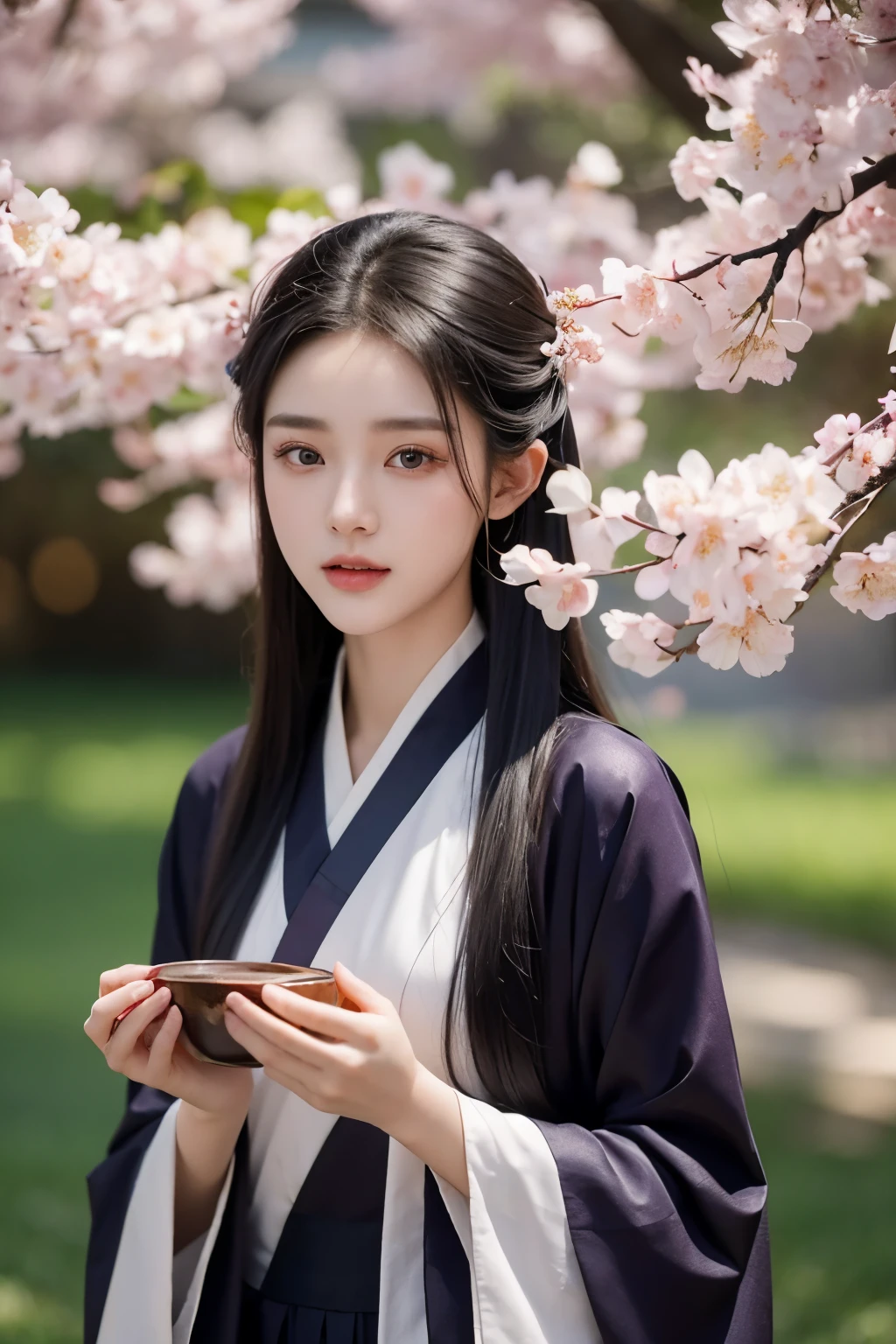 A 20-year-old Chinese girl，Gorgeous Hanfu，garden background，black hair，Beautiful facial lighting，a ray of light，Suitable chest，Plum blossom background，Look at the lens head-on