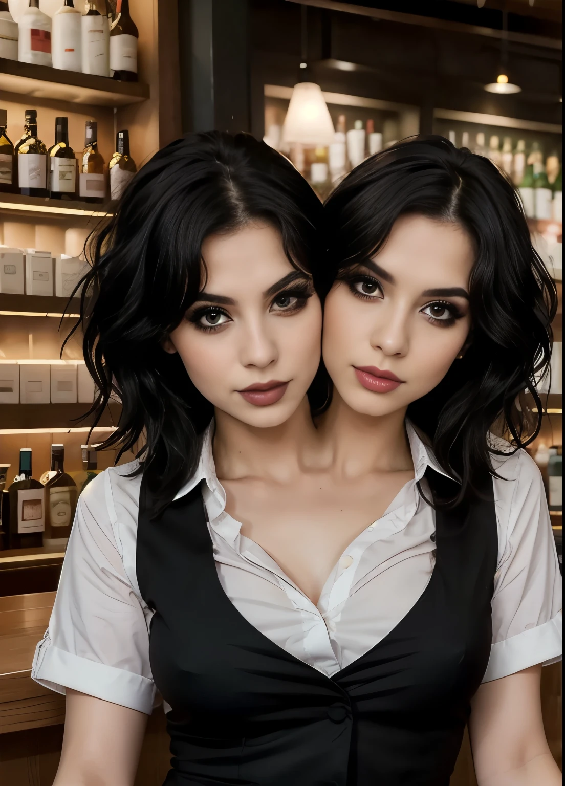 best resolution, 2 heads, goth woman with two heads, conjoined, different heads, black hair, short hair, long hair, eyeliner, 25 years old, behind the counter, bartender,