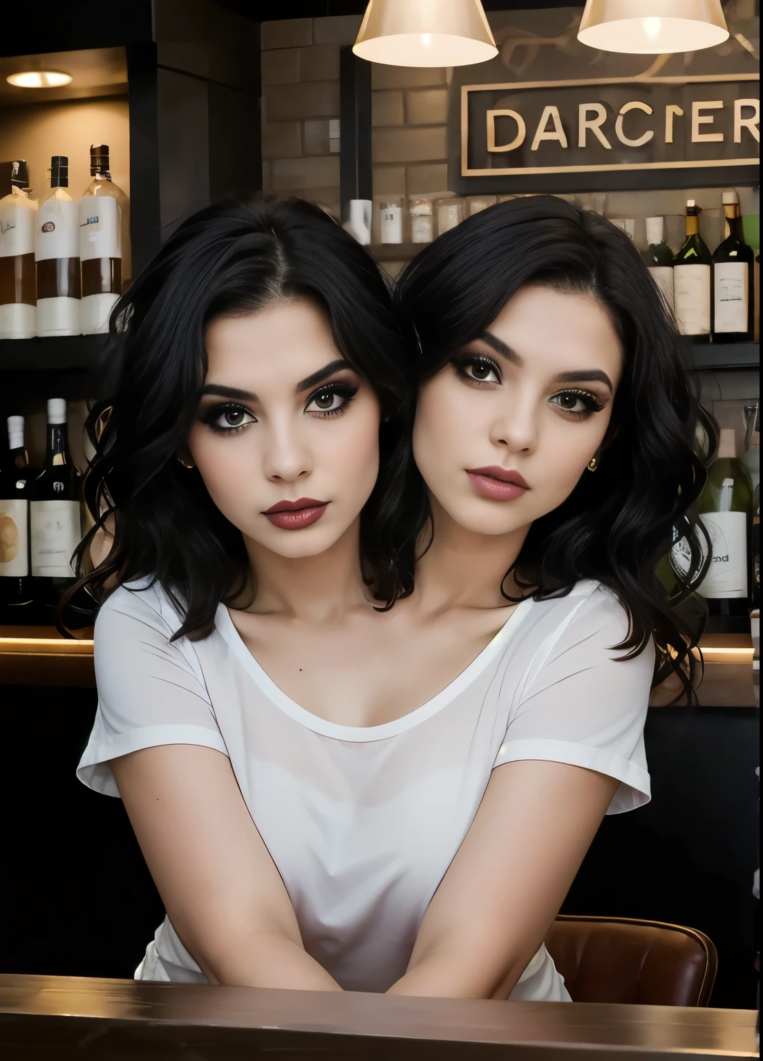 best resolution, 2 heads, goth woman with two heads, conjoined, different heads, black hair, short hair, long hair, eyeliner, 25 years old, behind the counter, bartender, 