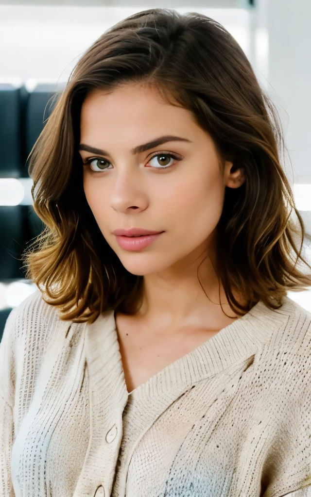 beautiful brunette Hayley Atwell wearing light beige sweater (taking care of nails in a modern beauty salon), very detailed, 21 years old, innocent face, natural wavy hair, blue eyes, high resolution, masterpiece, best quality, intricate details, highly detailed, sharp focus, detailed skin, realistic skin texture, texture, detailed eyes, professional, 4k, charming smile, shot on Canon, 85mm, shallow depth of field,  kodak vision color, perfect fit body, extremely detailed, foto_\(ultra\), photorealistic, realistic, post-processing, maximum detail, roughness, real life, ultra realistic, photorealism, photography, 8k uhd, photography