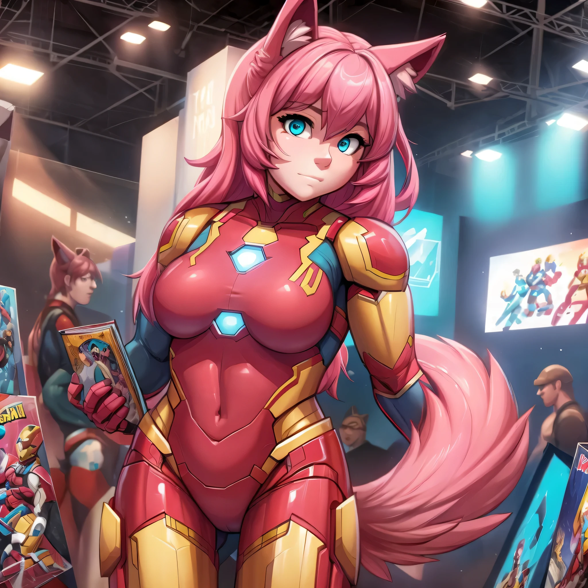 (Masterpiece) (High Detail) (High Res) A close up of A short cute humanoid girl with pale skin and turquoise eyes and long pink hair and pink dog ears and a big fluffy pink dog tail and average breasts and she is at a comic book convention dressed as Iron Man.