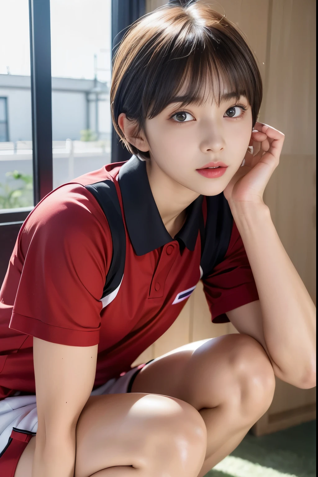 ((top-quality)),(masterpiece:1.4),Raw photography,8K,((Top image quality)), ((Top resolution)),Beautiful face in every detail,Very detailed,Gentle expression,(One lady:1.3 ),realisitic,photo realisitic,(Bery short hair:1.4),(Beautuful Women),(cute Japanese girls:1.3),(mannish),((Pretty Woman)),(Beautiful hair),((dark brown hair)),(((Red cheeks))),((Her eyes are big)),20-year-old beauty,(her face is small:1.7),small head,((long neck)),pale skin,Spot-free skin,With bangs,Everyone longs for,Japanese Beautuful Women,(eight heads tall),((basketball uniform,red uniform,skinny body,sweat)),seductive smile,Squatting,physical education class, at the gym, Sports warehouse
