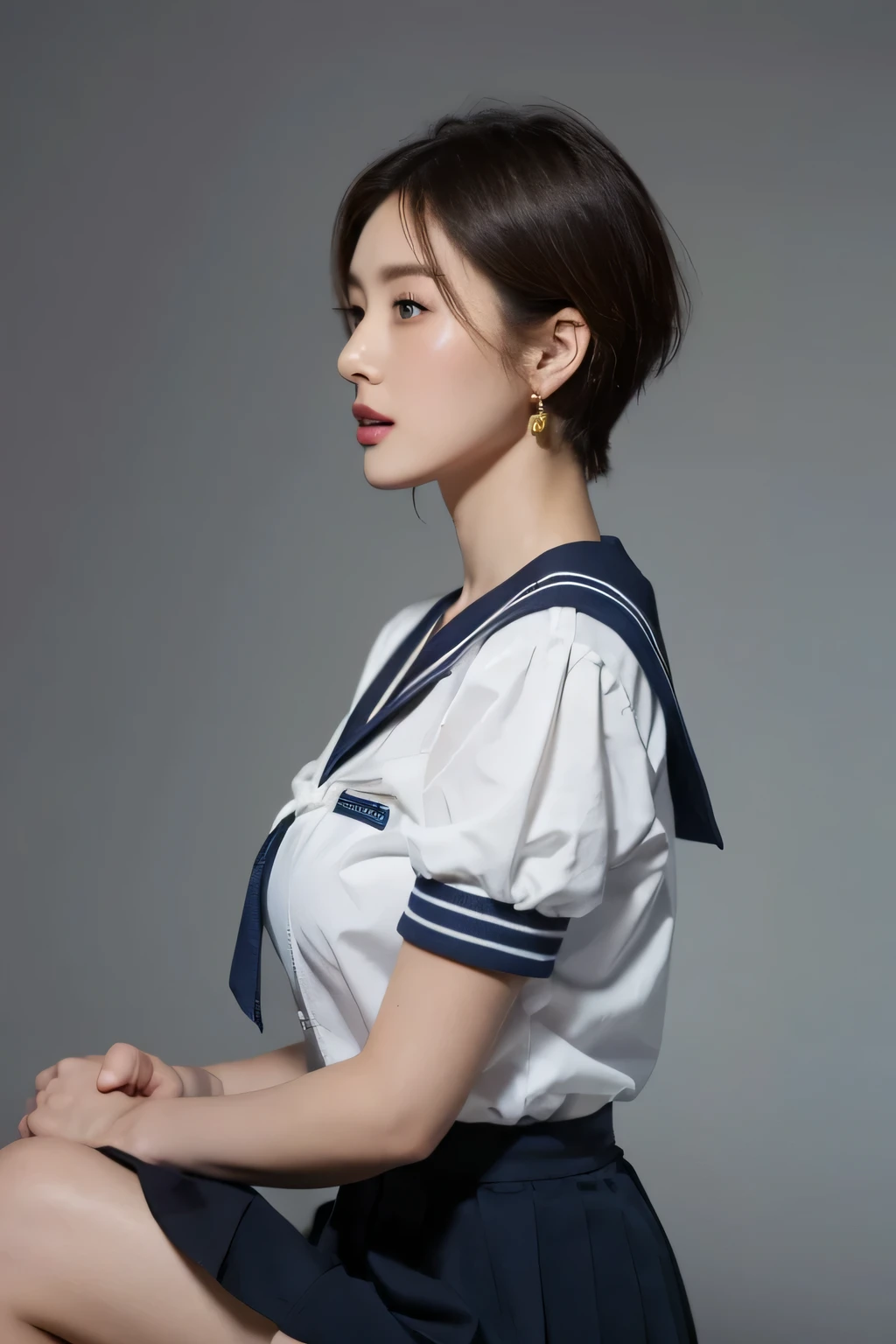 (highest quality,8K,masterpiece),studio photography,profile、
Very beautiful Japan models,fine skin,realistic skin, lip gloss,rouge,
very short hair,pixie cut,
School_uniform, big earrings,costume,sailor suit,sailor uniform,
big breasts,thighs,
skirt, white shirt, big breasts,emphasize cleavage,
gray background