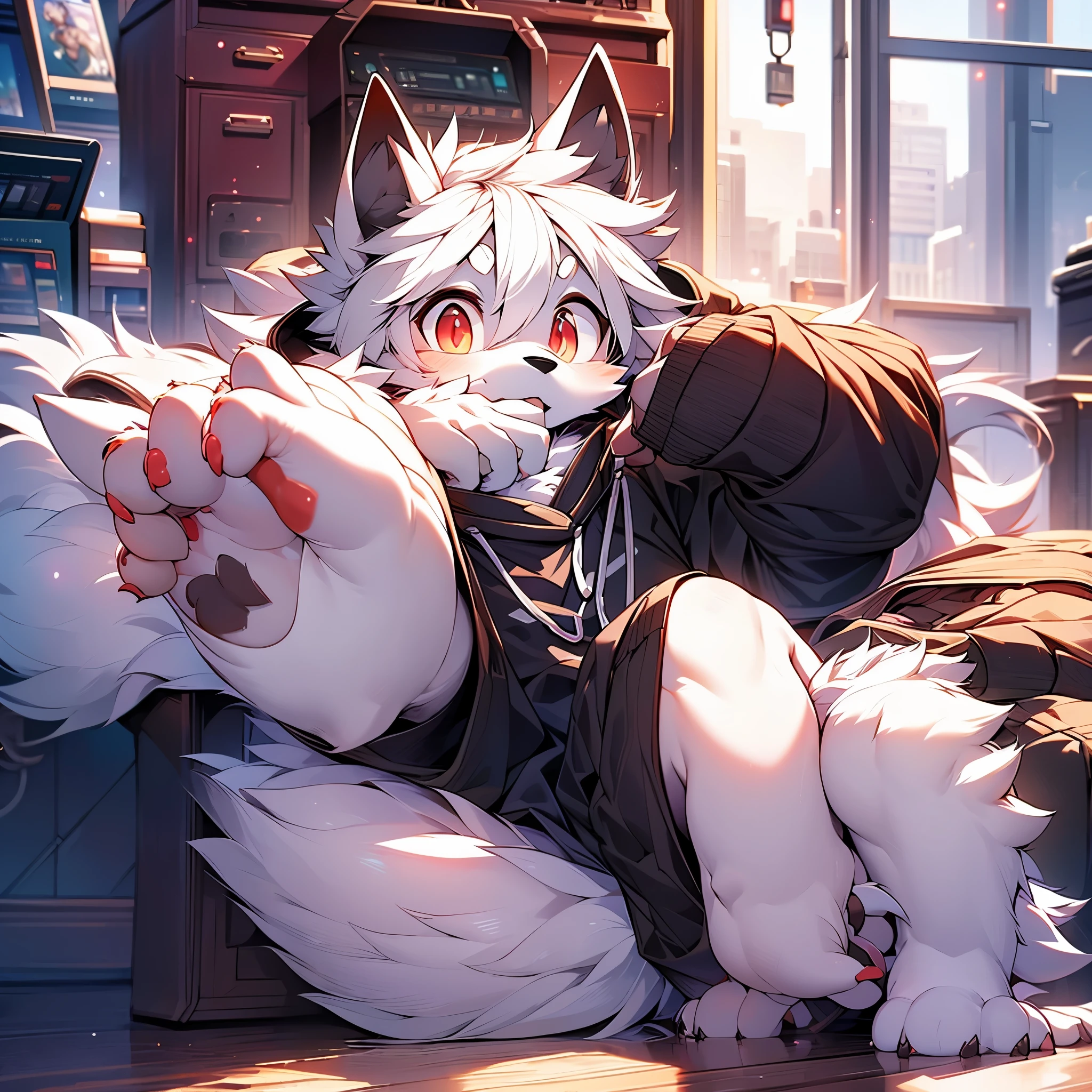 hairy，white wolf，Thin，childhood，cute，Black sweatshirt，white shorts，red pupils，Alone