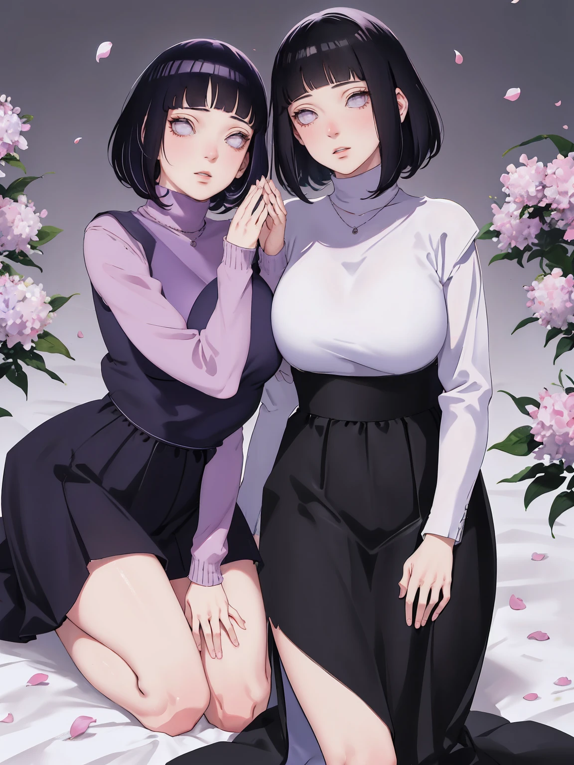 { - anatomy error} (Masterpiece - Ultra-detailed, very high resolution) (huge titusty, masterpiece, absurdres, hinata\(boruto\), 1girl, solo,mature female, lilac turtleneck blouse, high waist black long skirt, looking at viewelling petals), perfect composition, detailed lips, big breast, beautiful face, body propotion, blush, (pink lips), short hair, (black hair), purple eyes, soft gaze, super realistic, detailed, photoshoot, realistic face and body, closed mouth, walking on the floor , lilac eyes, full body, ridden hands, perfect fingers