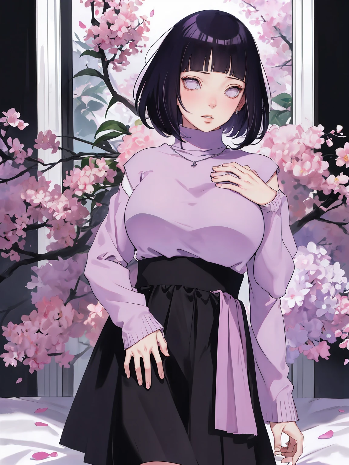 { - anatomy error} (Masterpiece - Ultra-detailed, very high resolution) (huge titusty, masterpiece, absurdres, hinata\(boruto\), 1girl, solo,mature female, lilac turtleneck blouse, high waist black long skirt, looking at viewelling petals), perfect composition, detailed lips, big breast, beautiful face, body propotion, blush, (pink lips), short hair, (black hair), purple eyes, soft gaze, super realistic, detailed, photoshoot, realistic face and body, closed mouth, walking on the floor , lilac eyes, full body,  ridden hands, perfect fingers