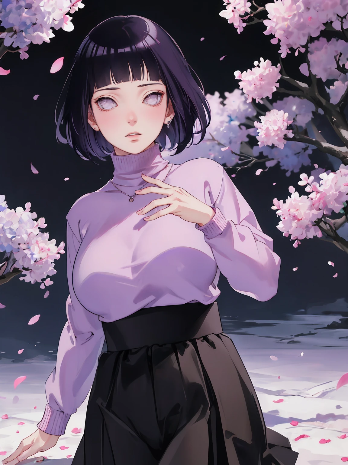 { - anatomy error} (Masterpiece - Ultra-detailed, very high resolution) (huge titusty, masterpiece, absurdres, hinata\(boruto\), 1girl, solo,mature female, lilac turtleneck blouse, high waist black long skirt, looking at viewelling petals), perfect composition, detailed lips, big breast, beautiful face, body propotion, blush, (pink lips), short hair, (black hair), purple eyes, soft gaze, super realistic, detailed, photoshoot, realistic face and body, closed mouth, walking on the floor , lilac eyes, full body,  ridden hands, perfect fingers