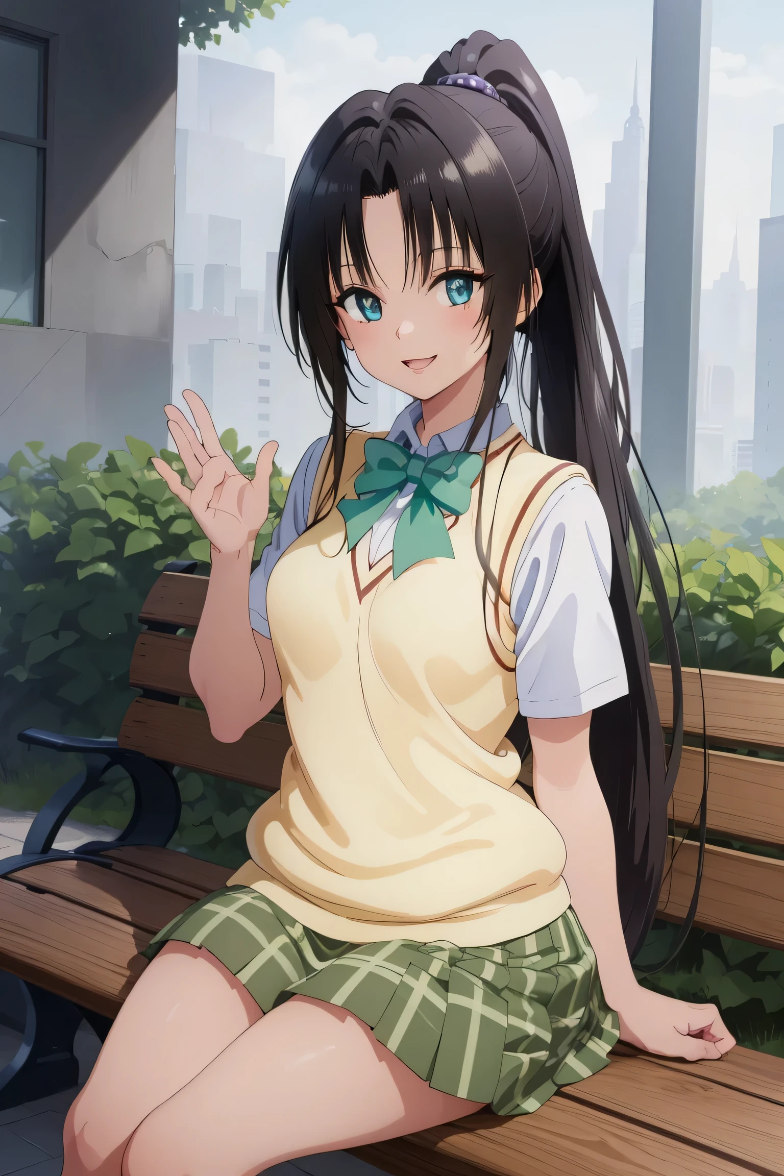 highres, 1girl, solo, long hair, black hair, ponytail, parted bangs, brown eyes,
BREAK (school uniform, green bowtie, white shirt, short sleeves, sweater vest, yellow vest, plaid skirt, green skirt:1.2), 
BREAK sitting, outdoors, bench, smile, open mouth, waving, looking at viewer,
BREAK indoors,
BREAK (masterpiece:1.2), best quality, high resolution, unity 8k wallpaper ,(illustration:0.8), (beautiful detailed eyes:1.6), extremely detailed face, perfect lighting, extremely detailed CG, (perfect hands, perfect anatomy),