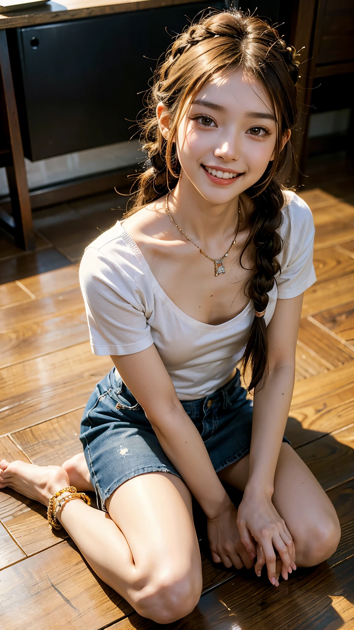 highest quality, masterpiece, ultra high resolution, (realistic:1.4), (Portrait of a man sitting on his knees) RAW photo, 1 girl, 22 years old,Korean restaurant in Shin-Okubo,detailed face,((small t-shirt and miniskirt)),((asian accessories)),(large multiple necklaces)、(multiple bracelets)、((glitter anklet)),((barefoot)),((looking up at the viewer)),legs are closed,saturation, contrast, ((small breasts)),((smile showing teeth)),brown hair,fine braided dreads,braid ribbon in hair,
