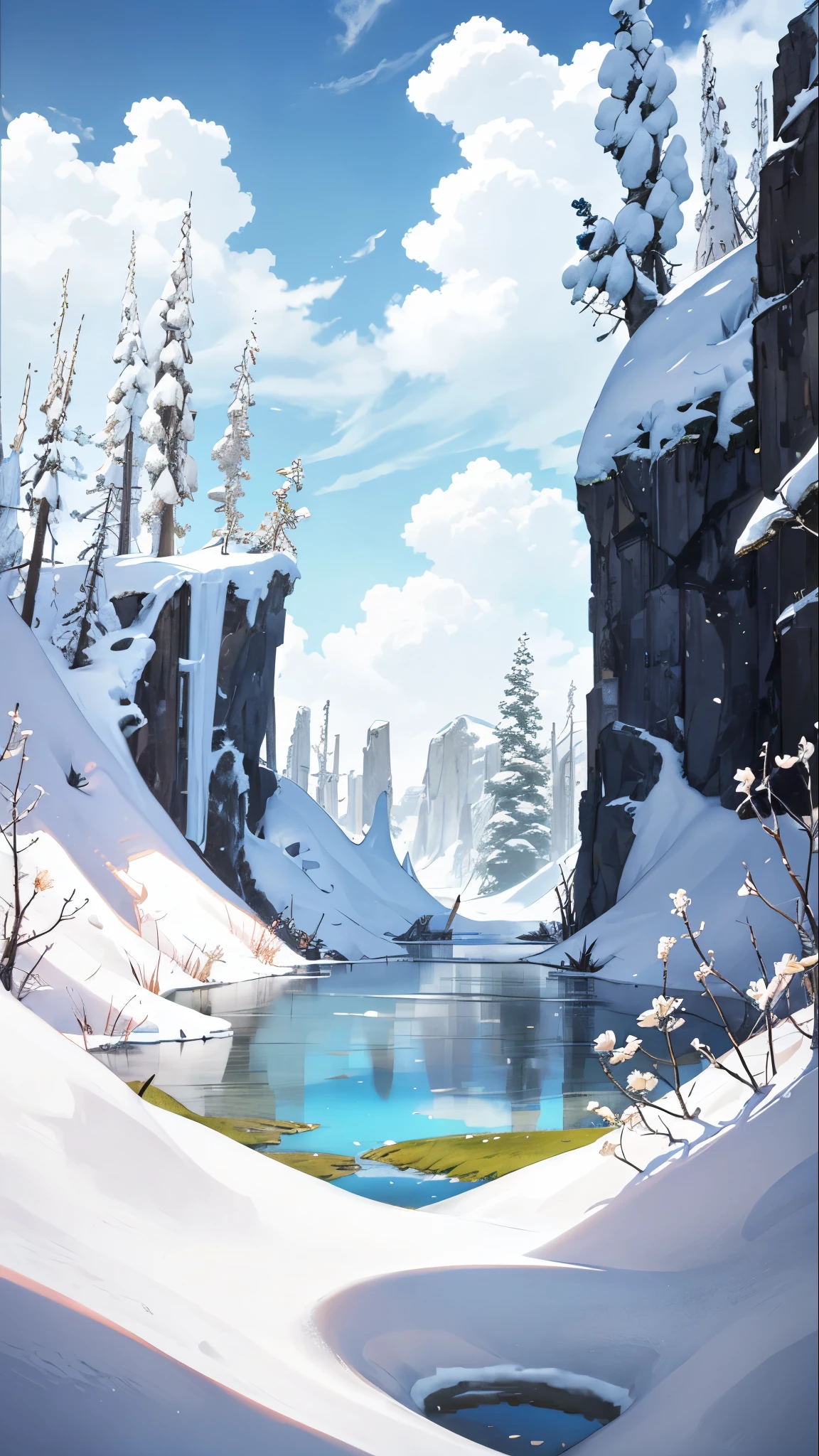 Summer, meadows, a few small flowers, clear lakes, sheep, heaven, large clouds, blue sky, hot weather, HD detail, hyper-detail, cinematic, surrealism, soft light, deep field focus bokeh, distant vistas are snowy mountains, ray tracing, and surrealism. --v6