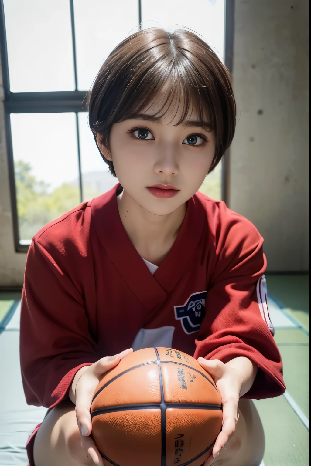((top-quality)),(masterpiece:1.4),Raw photography,8K,((Top image quality)), ((Top resolution)),Beautiful face in every detail,Very detailed,Gentle expression,(One lady:1.3 ),realisitic,photo realisitic,(Bery short hair:1.4),(Beautuful Women),(cute Japanese girls:1.3),(mannish),((Pretty Woman)),(Beautiful hair),((dark brown hair)),(((Red cheeks))),((Her eyes are big)),20-year-old beauty,(her face is small:1.7),small head,((long neck)),pale skin,Spot-free skin,With bangs,Everyone longs for,Japanese Beautuful Women,(eight heads tall),((basketball uniform,red uniform,skinny body)),seductive smile,Squatting,physical education class,Sports warehouse