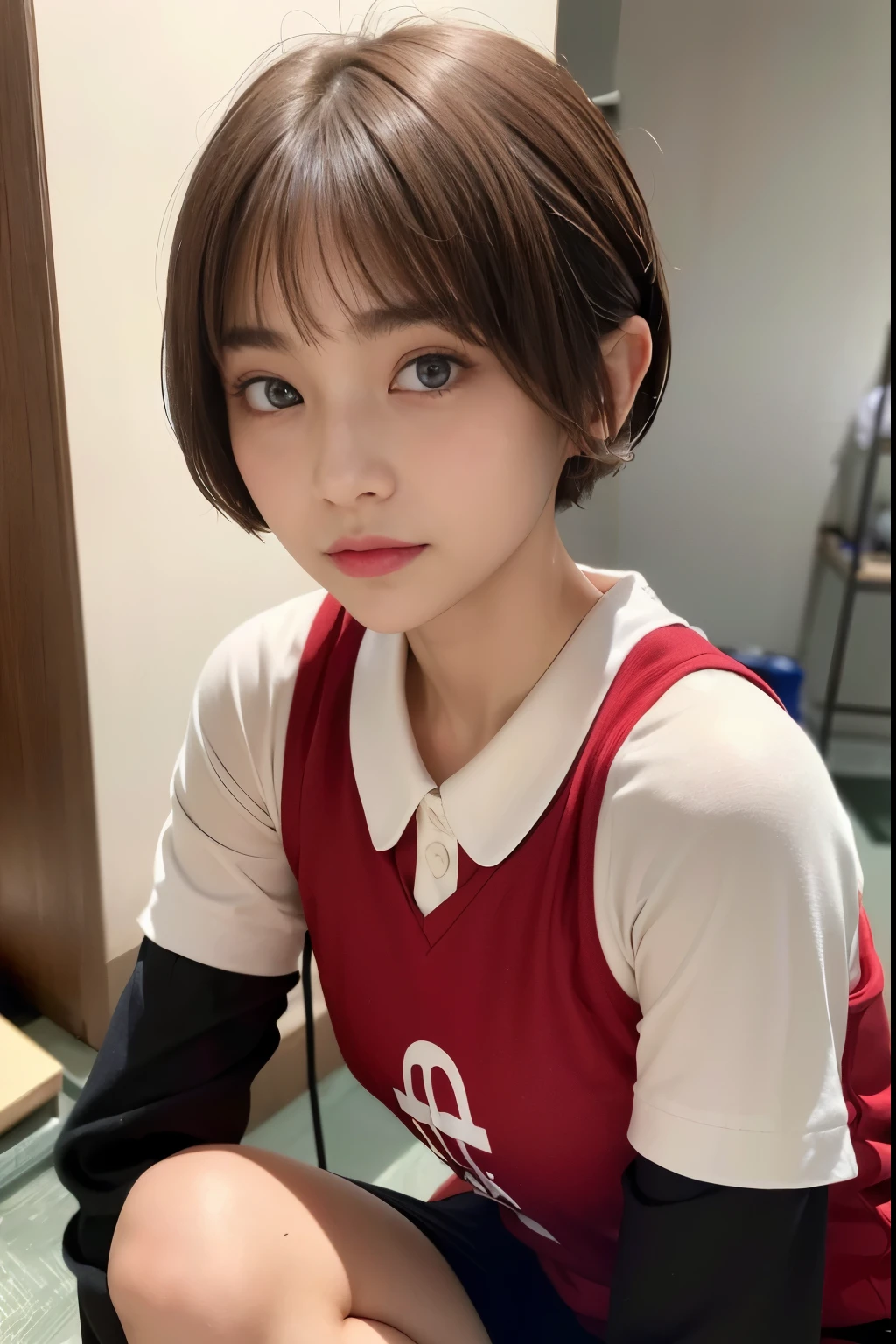((top-quality)),(masterpiece:1.4),Raw photography,8K,((Top image quality)), ((Top resolution)),Beautiful face in every detail,Very detailed,Gentle expression,(One lady:1.3 ),realisitic,photo realisitic,(Bery short hair:1.4),(Beautuful Women),(cute Japanese girls:1.3),(mannish),((Pretty Woman)),(Beautiful hair),((dark brown hair)),(((Red cheeks))),((Her eyes are big)),20-year-old beauty,(her face is small:1.7),small head,((long neck)),pale skin,Spot-free skin,With bangs,Everyone longs for,Japanese Beautuful Women,(eight heads tall),((basketball red uniform,skinny body)),face focus , back focus, leaning forward ,arched back, from above ,from behind,looking back,selfie ,