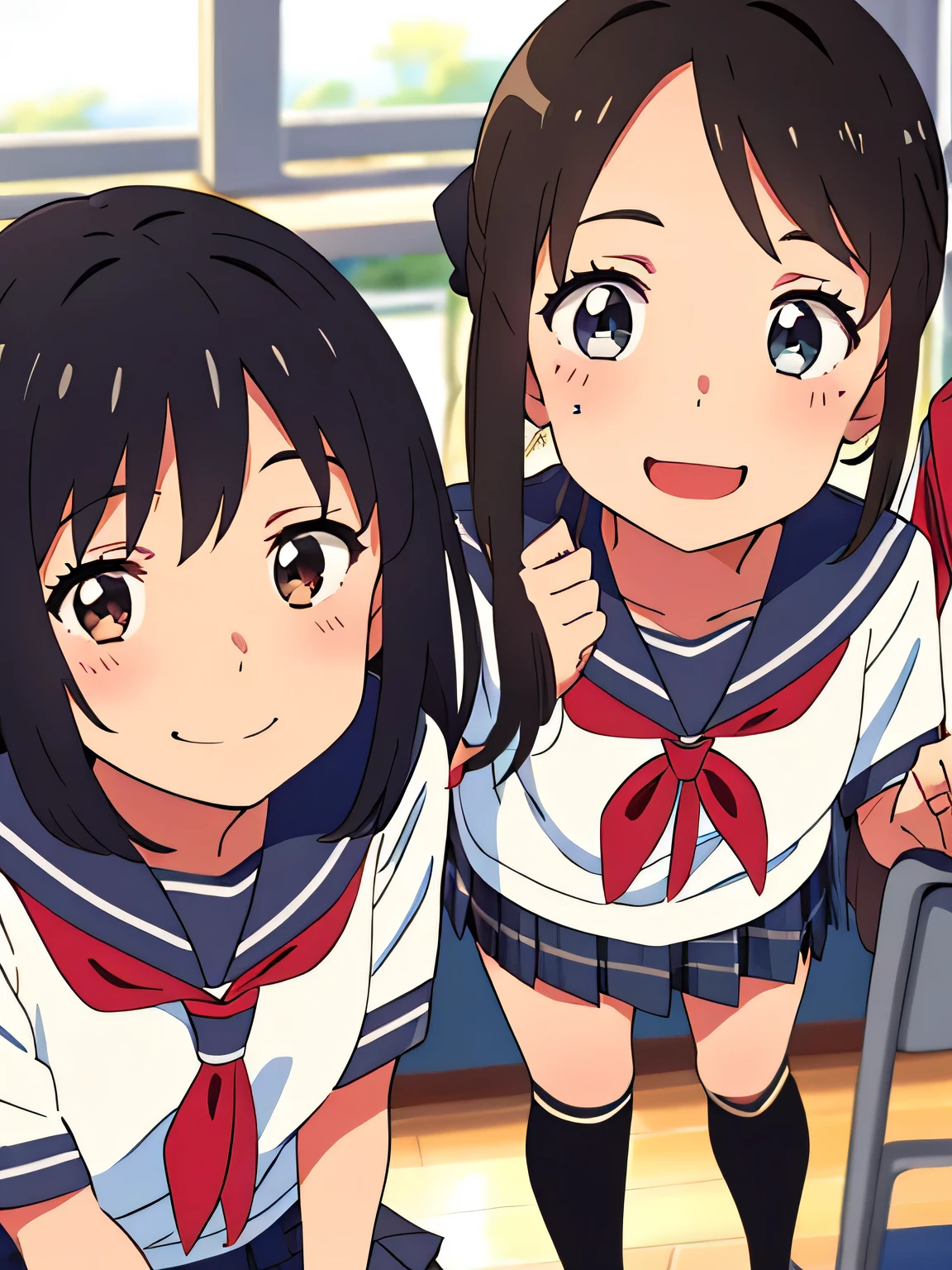 shinkai makoto, kimi no na wa.,
detailed background、beautiful and detailed face、beautiful and smooth skin、skin texture、Beautiful age girl、((Three Beautiful Girls))、black hair short、cute hairstyle、Changing clothes in a school classroom、smile、laughter、sexual expression、smile、Cute colored sailor suit、white sailor collar、Plaid pleated mini skirt、bright colored knee high socks、panty shot