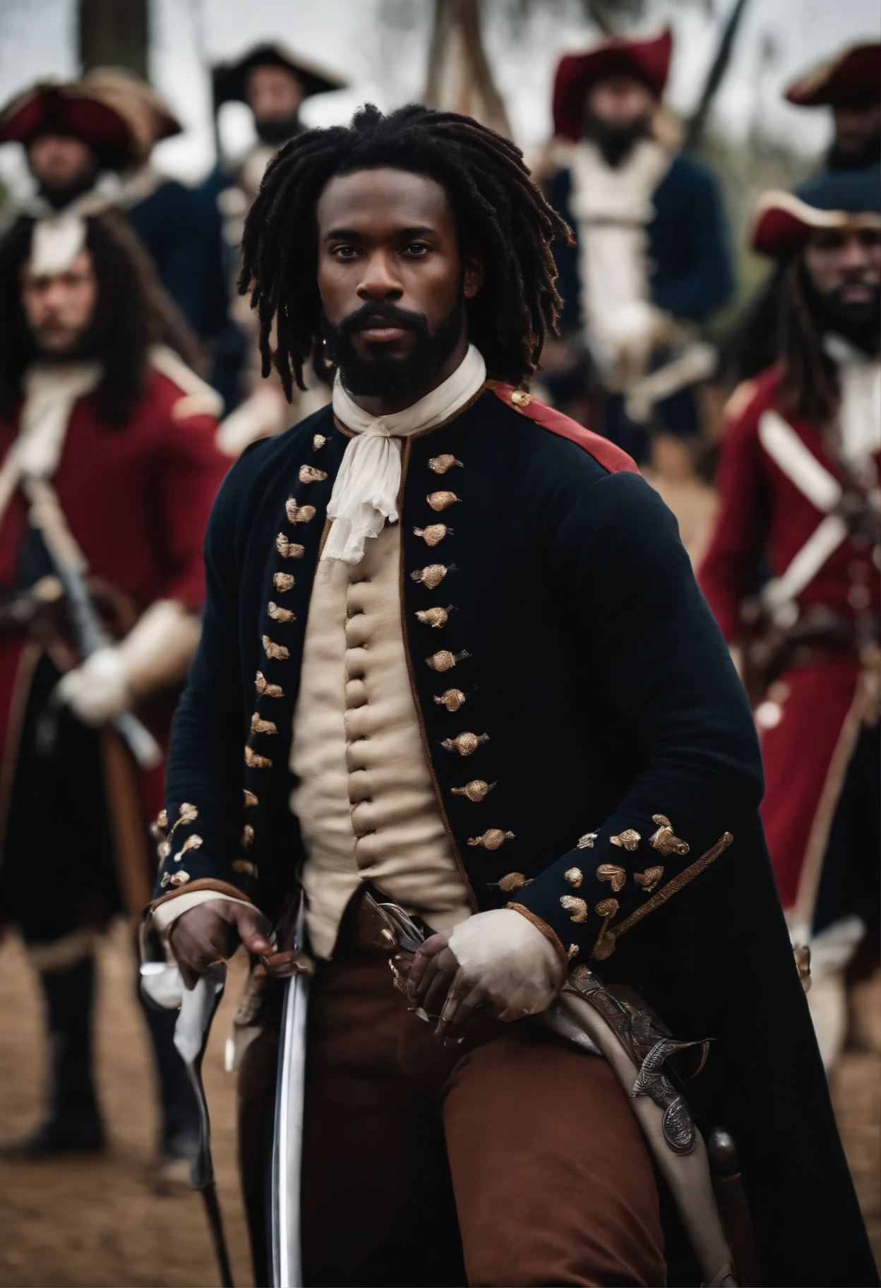 Black man, musketeer, 25 years old, tall, strong, beard, black dreadlocks, looks at the camera, in a training yard surrounded by white musketeers, the whole body, universe of the 3 musketeers.