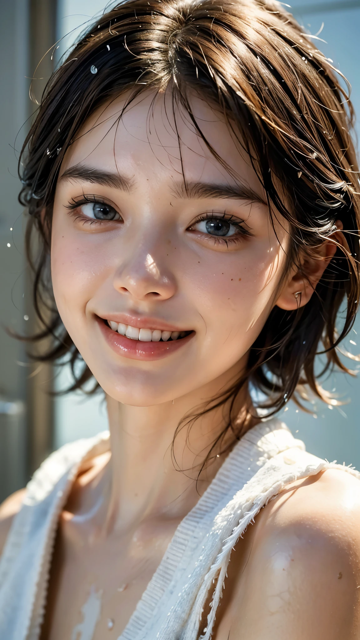 highest quality, masterpiece, ultra high resolution, (realistic:1.5), (close portrait) RAW photo, 1 girl, 22 years ago,super close up of face,Face in the mirror,super close-up photo,((The face is also wet)),((just out of the bath)),((With bath towels)),((wet hair)),facial moisturizing cream,Are you okay, beautiful skin,transparent skin,(smile),((smile showing teeth))masterpiece, realistic pictures, japanese pictures, saturation, contrast, short hair